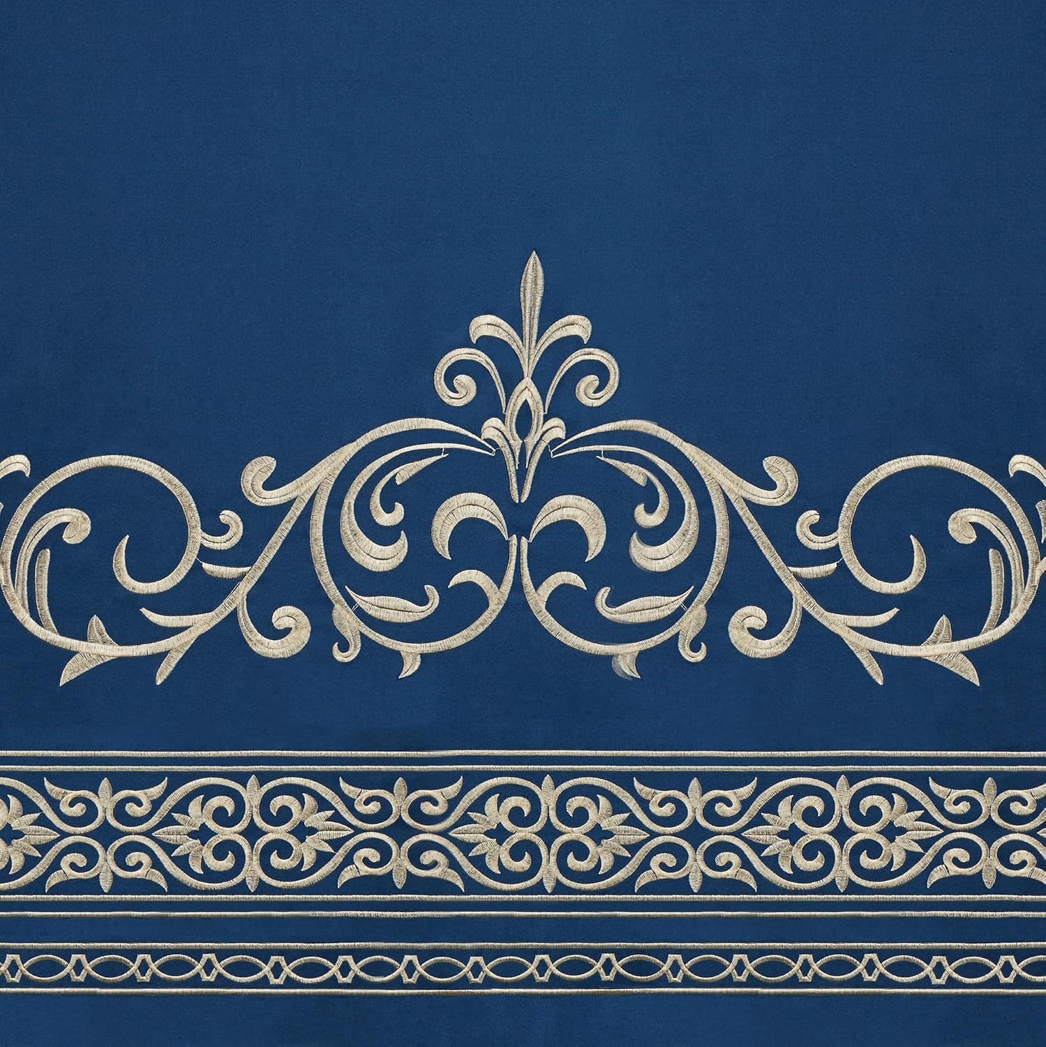 Touch of Class Buckingham Luxury Bedding | Royal Sapphire Blue | Palace-Inspired Elegant Golden Scrollwork Embroidery on Sateen 4 Piece Set: California King Comforter, Bedskirt & 2 King Shams
