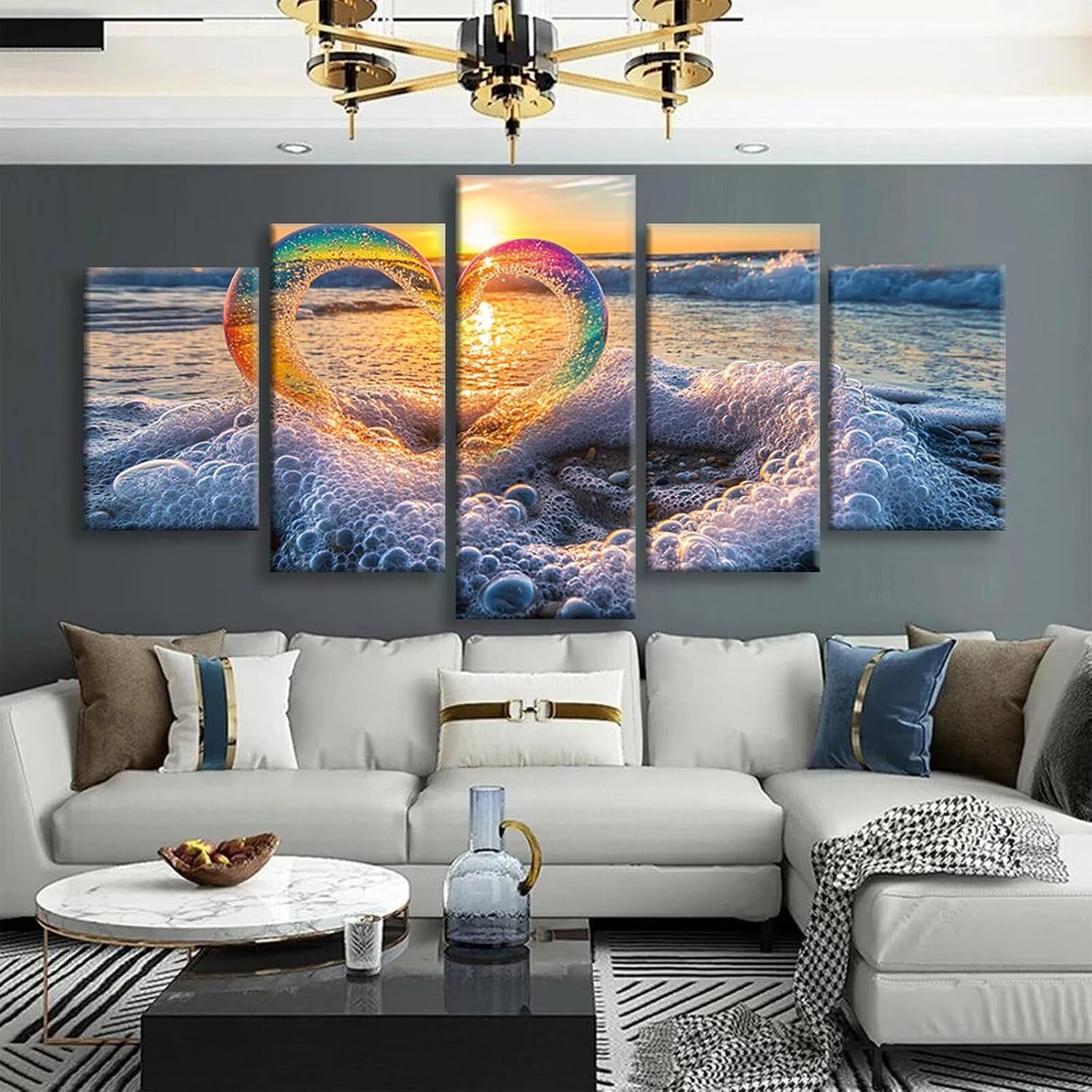 Beach Diamond Art 5 Piece Diamond Painting Love 5D DIY Full Square Drill Dimond Art Paintings Rhinestones Crafts for Adults Gem Painting for Home Decor, Large Artwork for Wall 60 x 120 Inch, Model174