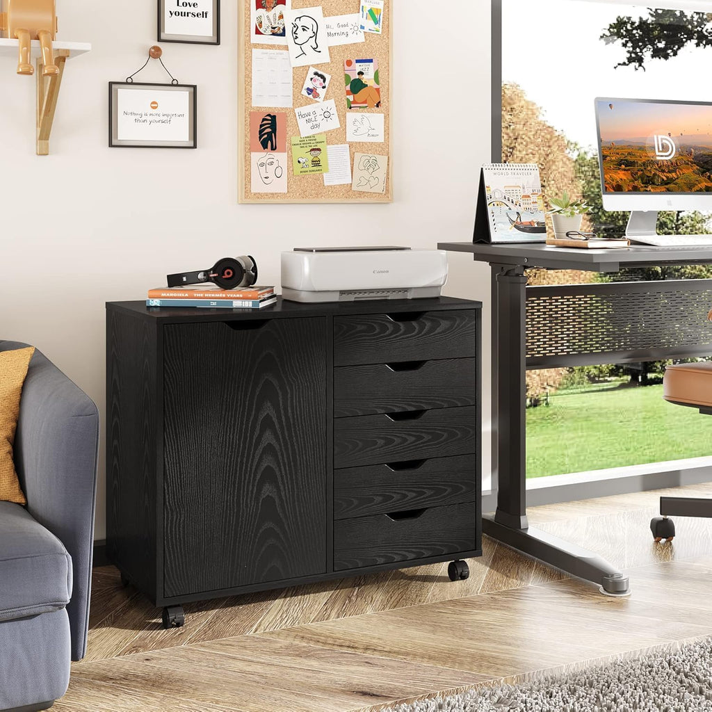 5-Drawer Wood Drawer Cabinet, Office Storage Cabinet with Adjustable Shelf & Wheels, Printer Stand for Home Office, Black, 15.7' D x 30.7' W x 25.4' H