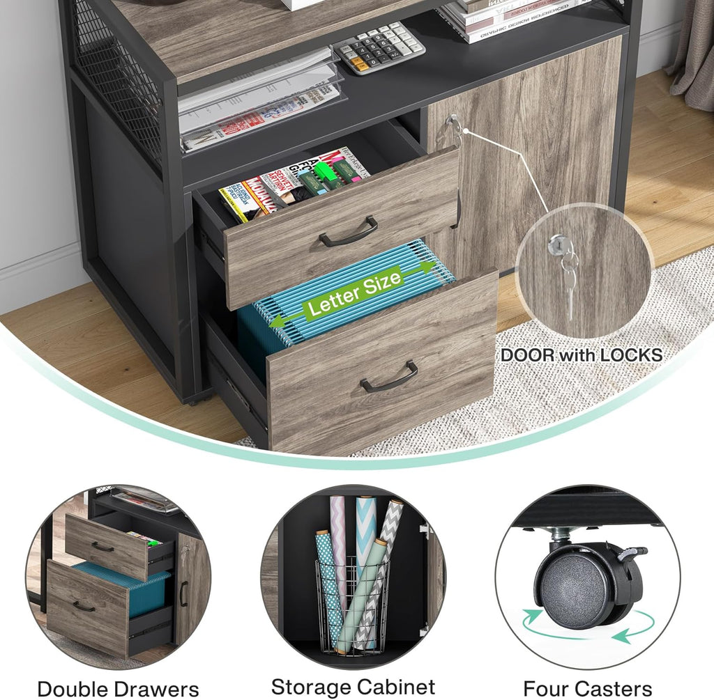 Tribesigns Grey Executive Desk with Cabinet, 55' L Shaped Computer Desk and lateral File Cabinet with Locks, 2 Piece Home Office Furniture Set for Hanging