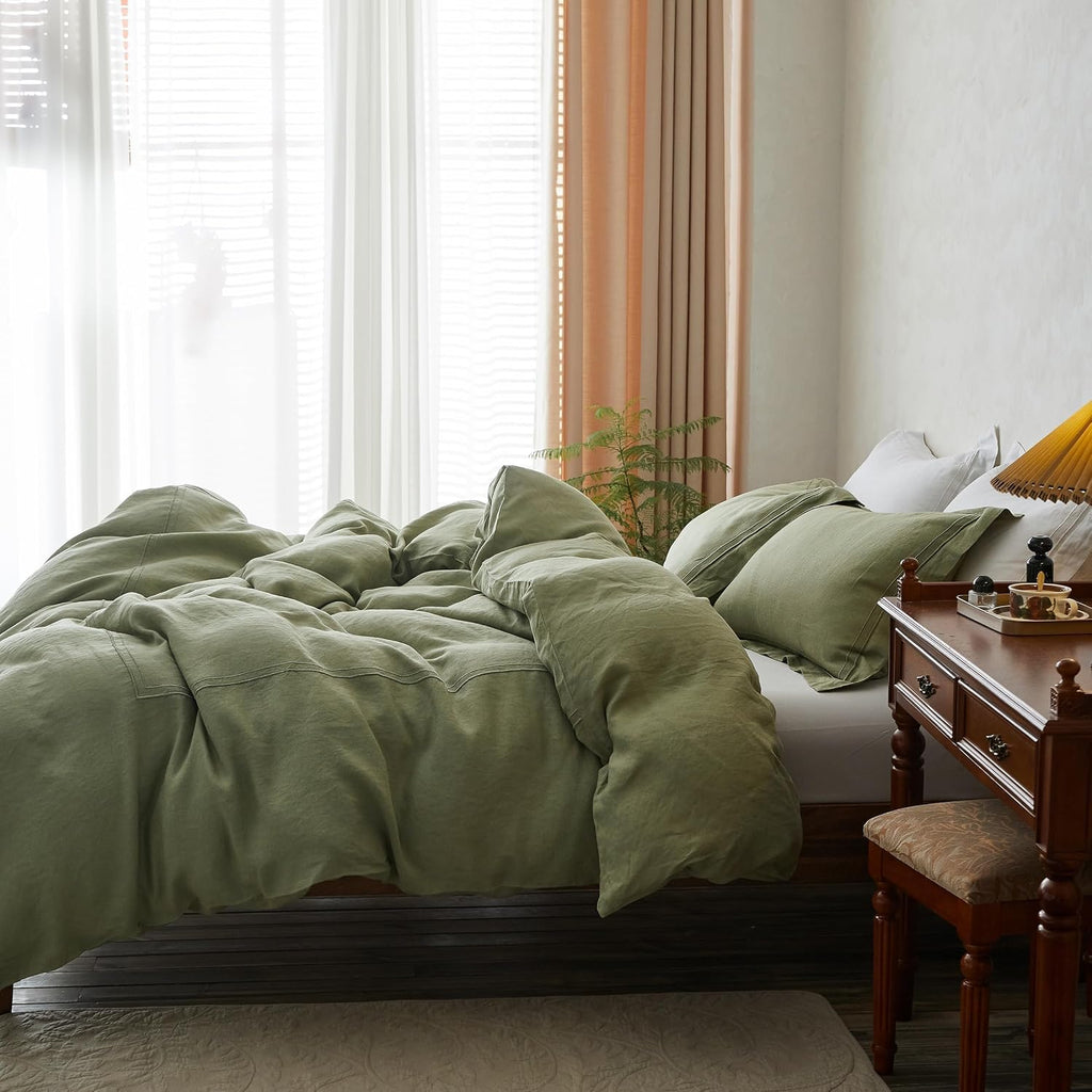 Simple&Opulence 100% Washed Linen Duvet Cover Set 88'x92' - 3 Pieces Soft Farmhouse Comforter Set Double Embroidered with Button Closure - 1 Duvet Cover and 2 Pillowshams (Sage Green, Queen)