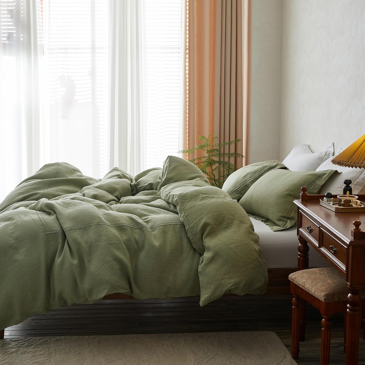 Simple&Opulence 100% Washed Linen Duvet Cover Set 88'x92' - 3 Pieces Soft Farmhouse Comforter Set Double Embroidered with Button Closure - 1 Duvet Cover and 2 Pillowshams (Sage Green, Queen)