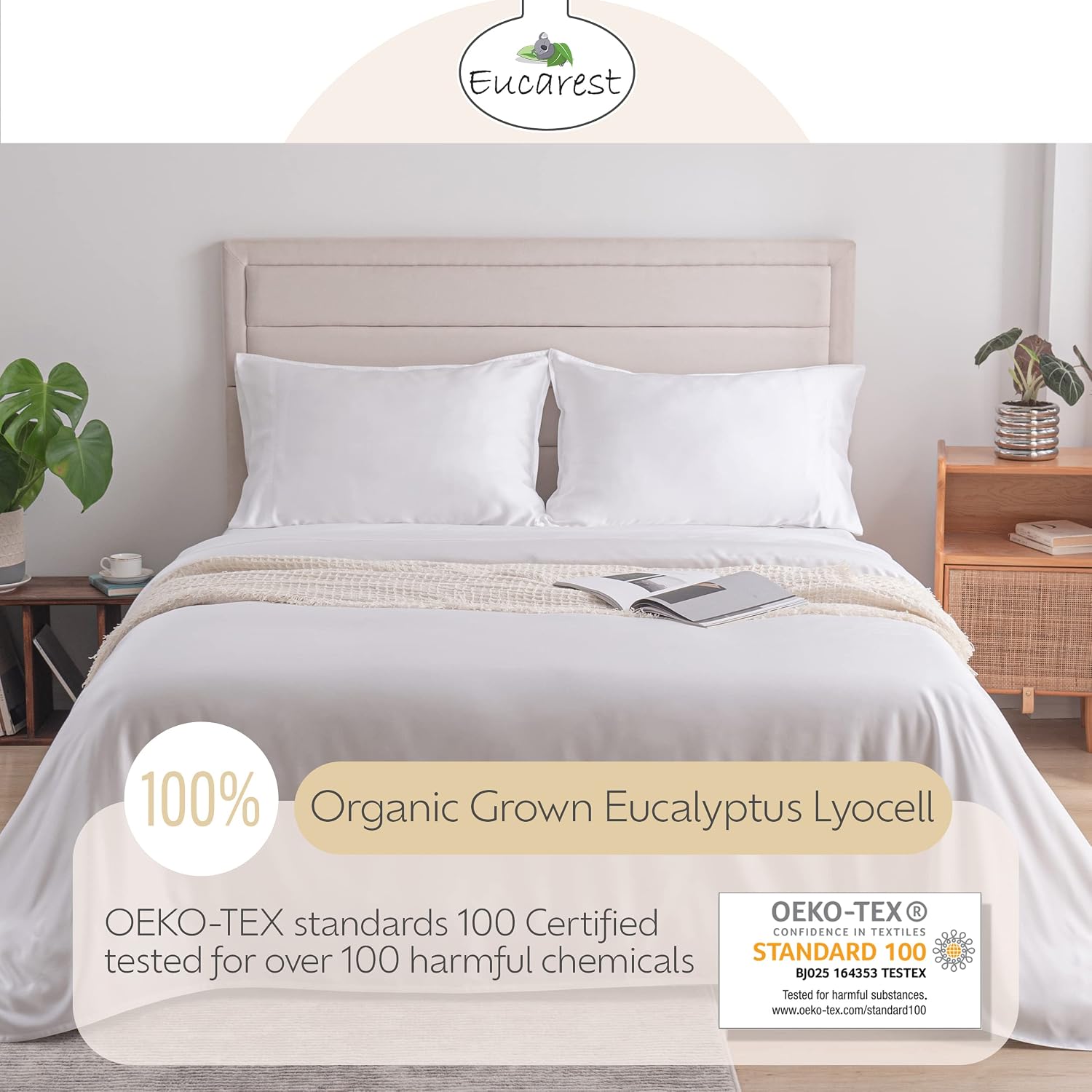 Split-King Eucalyptus Lyocell Bed Sheets, Hypoallergenic 100% Organic Tencel, Thermal Regulating and Moisture Wicking for Hot Sleepers, Superior Thread Quality, Extra Deep Pockets - White
