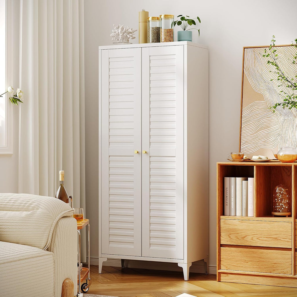Metal Storage Cabinet with 2 Doors and 4 Adjustable Shelves, Metal Pantry Cabinet for Kitchen Living Room, Required Assembly, White,13.78' D x 27.56' W x 63.58' H
