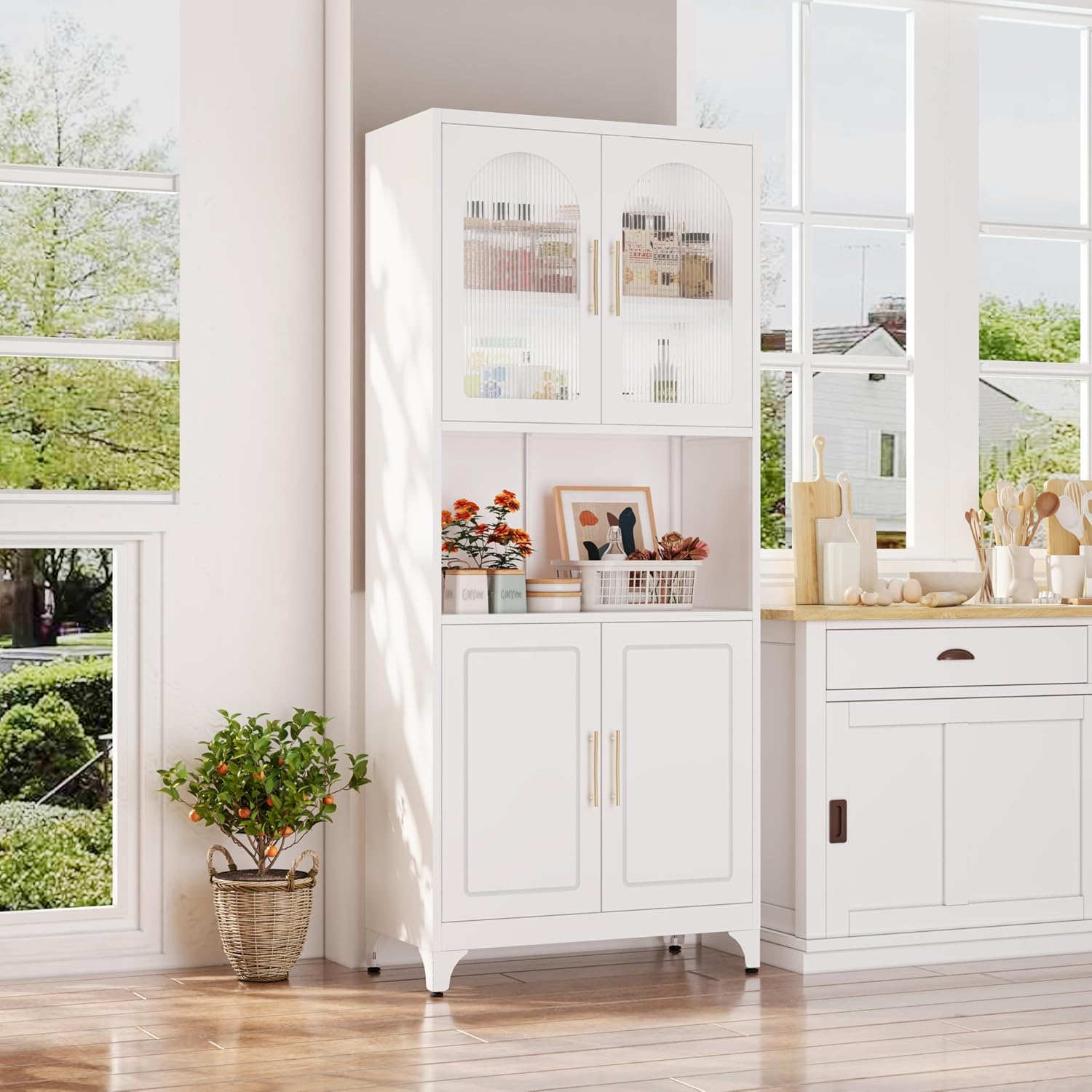 Kitchen Pantry Cabinet, 75' Tall Metal Storage Cabinets with Microwave Stand, White Hutch, Tall Storage Cabinet with Glass Doors and Adjustable Shelves, Food Pantry Cupboard for Kitchen, Dining Room