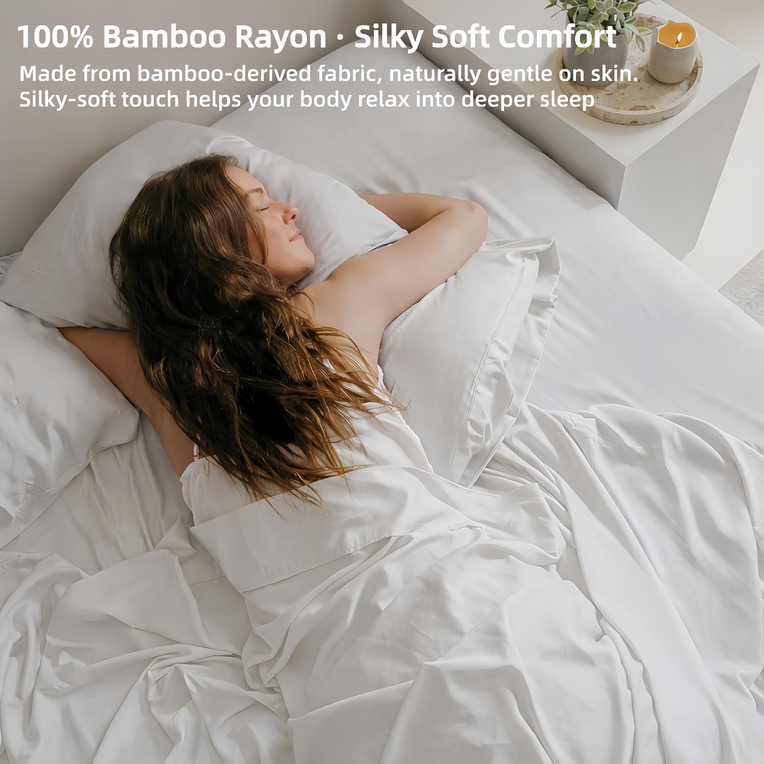 GOKOTTA Bed Sheets 6 Piece Set, 100% Rayon Derived from Bamboo, Extra Deep Pocket Fitted Sheet with Elastic Corner Straps, Soft Luxury Hypoallergenic (White, Queen)