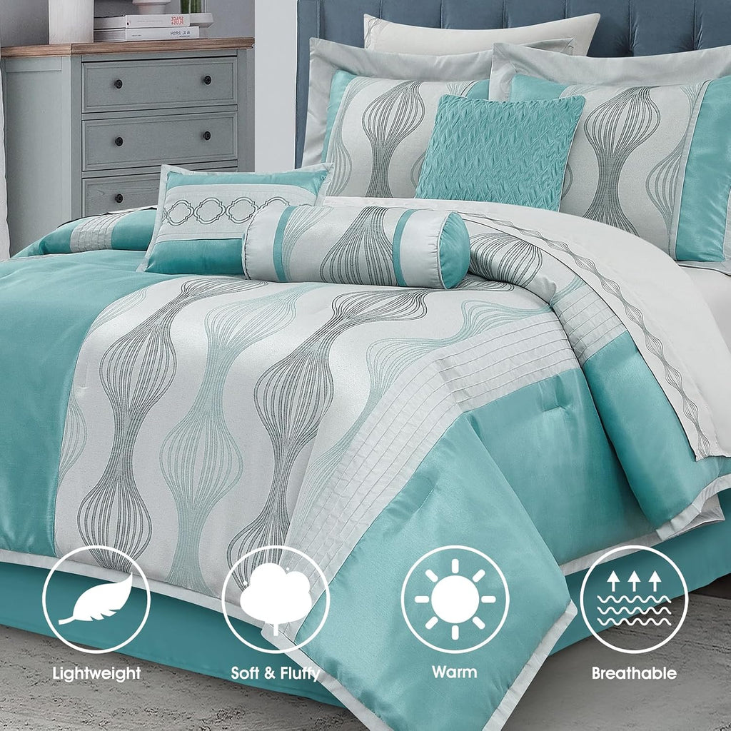 LANCO MODERN LIFESTYLE King Comforter Set, Blue, 15 Pieces Room in a Bag, Ultra Soft Jacquard with Patchwork, Luxury Bed Set with Sheets, Curtains, Bed Skirt, Pillow Shams, Cases and Pillows