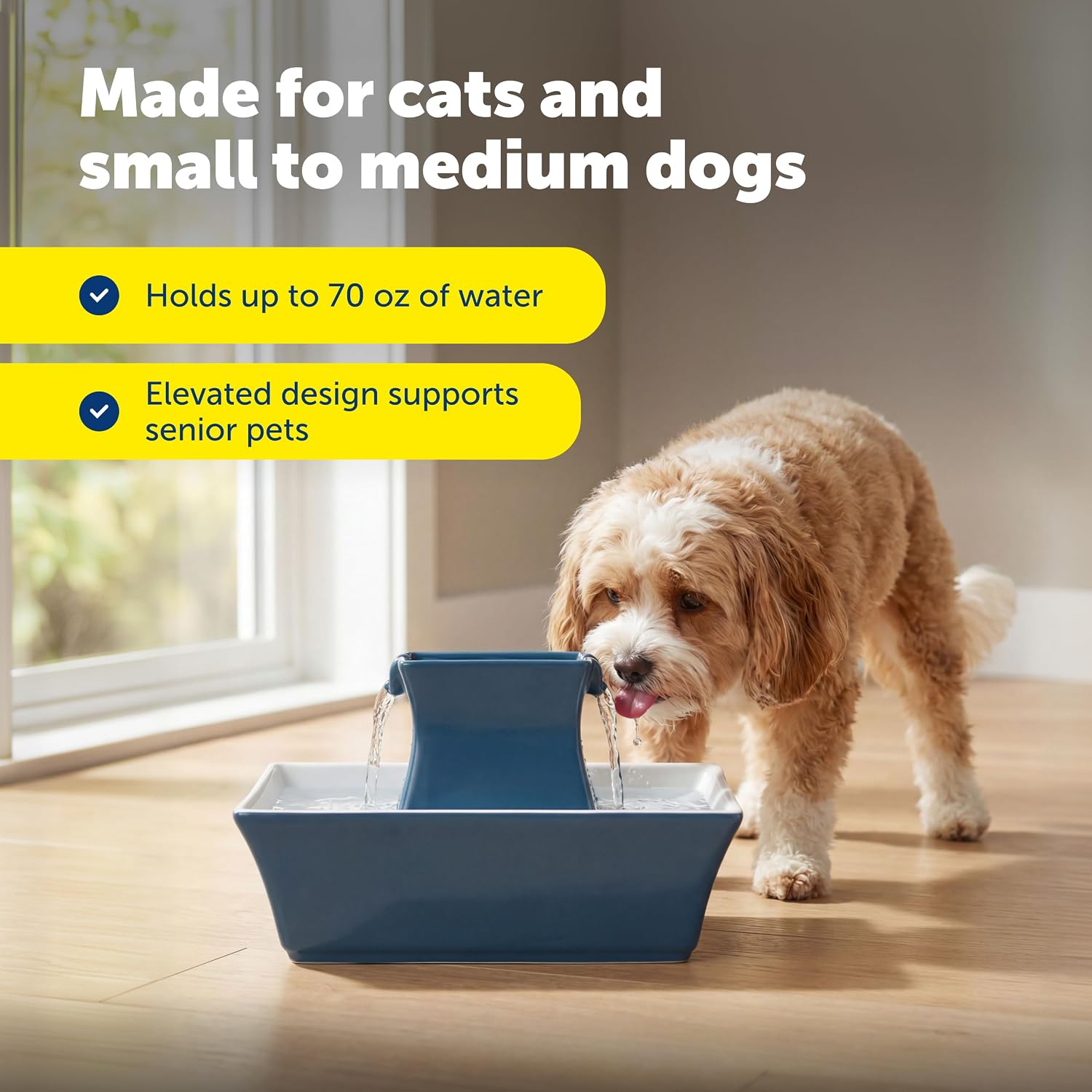 PetSafe Drinkwell Pagoda Pet Fountain 70 oz/ 2L Capacity,Elevated Indoor Ceramic Cat Water Fountain, 2 Levels of Free-Falling Stream, Included Carbon & Foam Filter Provide Fresh Water with Every Sip
