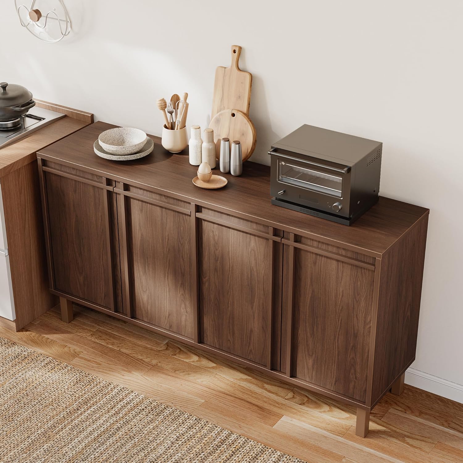 58 inch Sideboard Buffet Cabinet, Modern Credenza with 4 Doors & Adjustable Shelf, Large Coffee Bar Storage for Kitchen, Entryway
