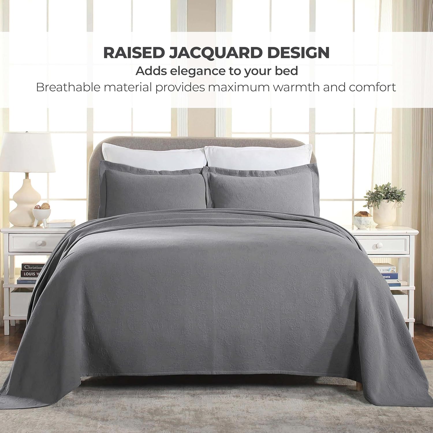 Superior Paisley Cotton 3 Piece Bedspread Set, Home Bed Decor, Decorative Textured Bed Spread, 2 Pillow Shams, Airy Blanket, Matelasse Coverlet Bedding, Vintage Floral Design, Queen, Grey