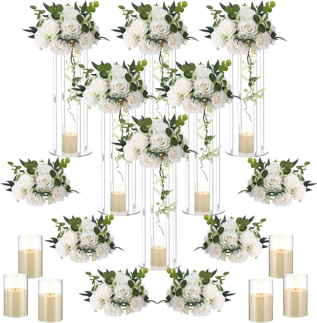Daifunli 6 Set 20 Inch Tall Acrylic Vase Stand Wedding Centerpieces Holder with Artificial Flower Balls and LED Lights Candles for Wedding Party Table Home Decorations