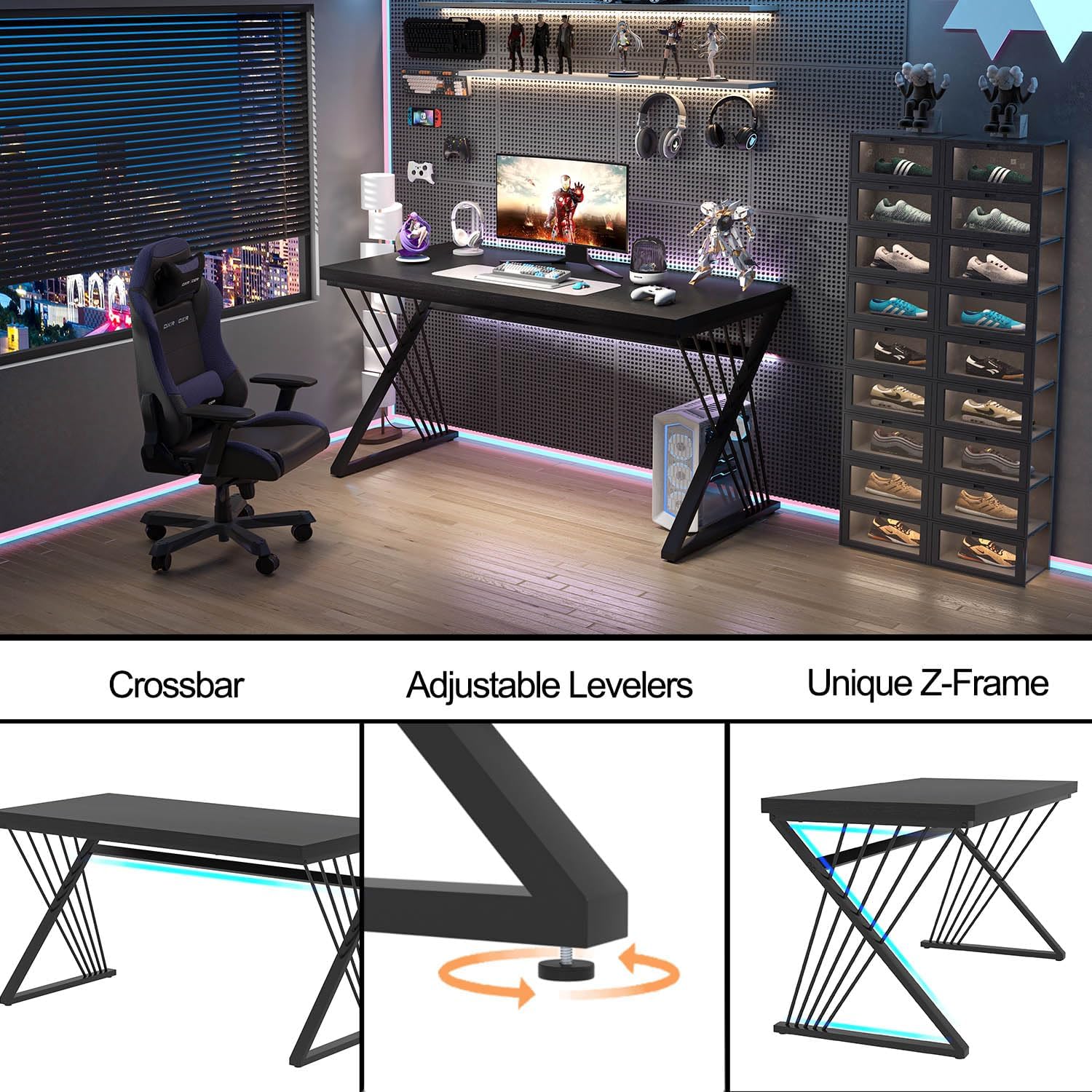 FOLUBAN Black Desk, Modern Wood and Metal Computer Desk for Home Office, Simple Writing Work PC Desks for Bedroom, Industrial Study Gaming Table for Living Room, Black, 53 Inch