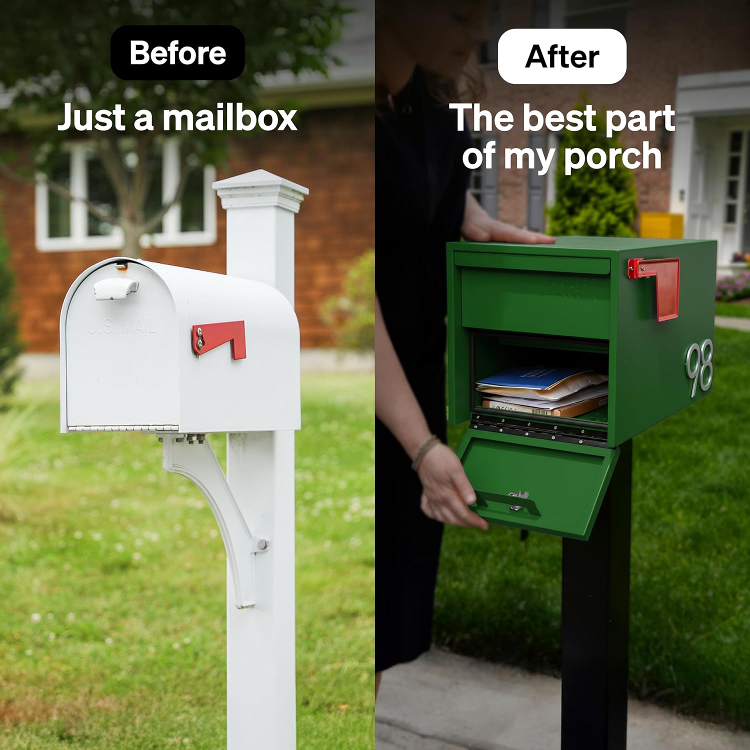 Adoorn Lockable Post Mount Mailboxes for Outside - Small Anti-Theft Locking Mailbox for Packages and Letters - Weatherproof Construction - Durable Steel - 12' H x 12' W x 18.5' D - Forest Green