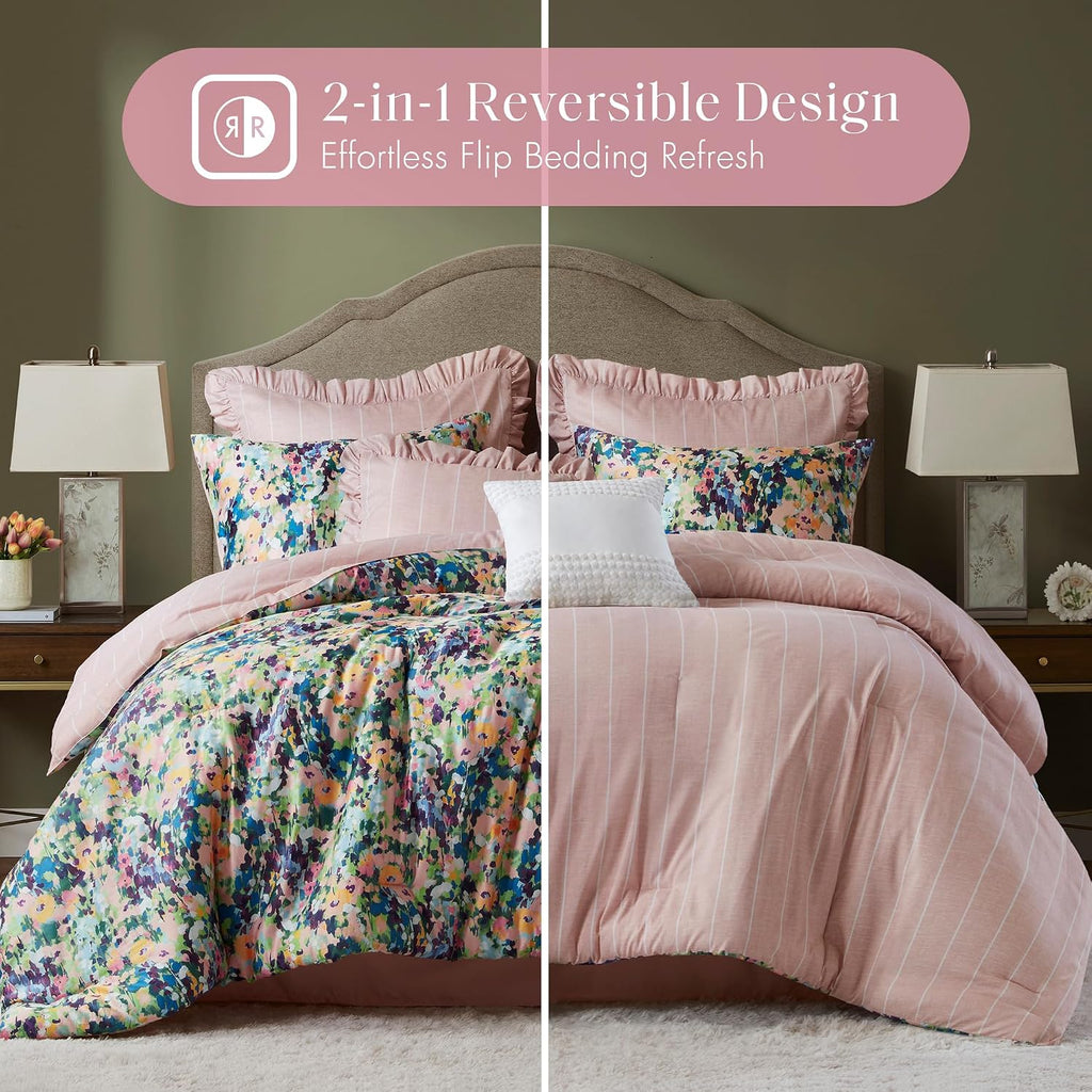 Madison Park Queen Comforter Set Cotton, Microfiber Reverse, Floral Reversible Comforters Queen Size Bed, All Season Bedding Queen Size Comforter, Shams, Pillows, Ophelia, Queen Multi 8 Piece