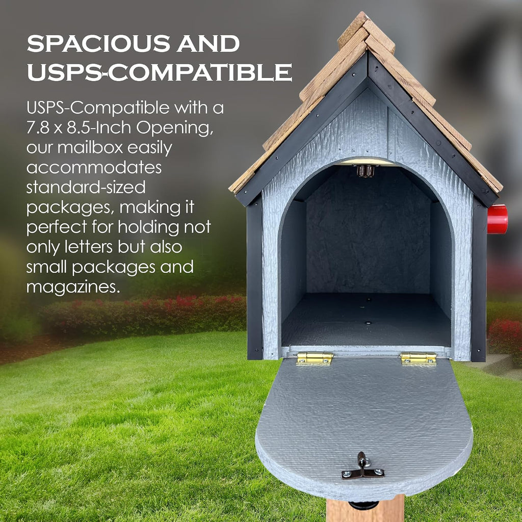 Peaceful Classics Amish Cedar Roof Wooden Mailbox with Window & Door Trim, Handcrafted Mailboxes for Outside, Post Mount Residential Mailboxes - (Navy with White Trim)