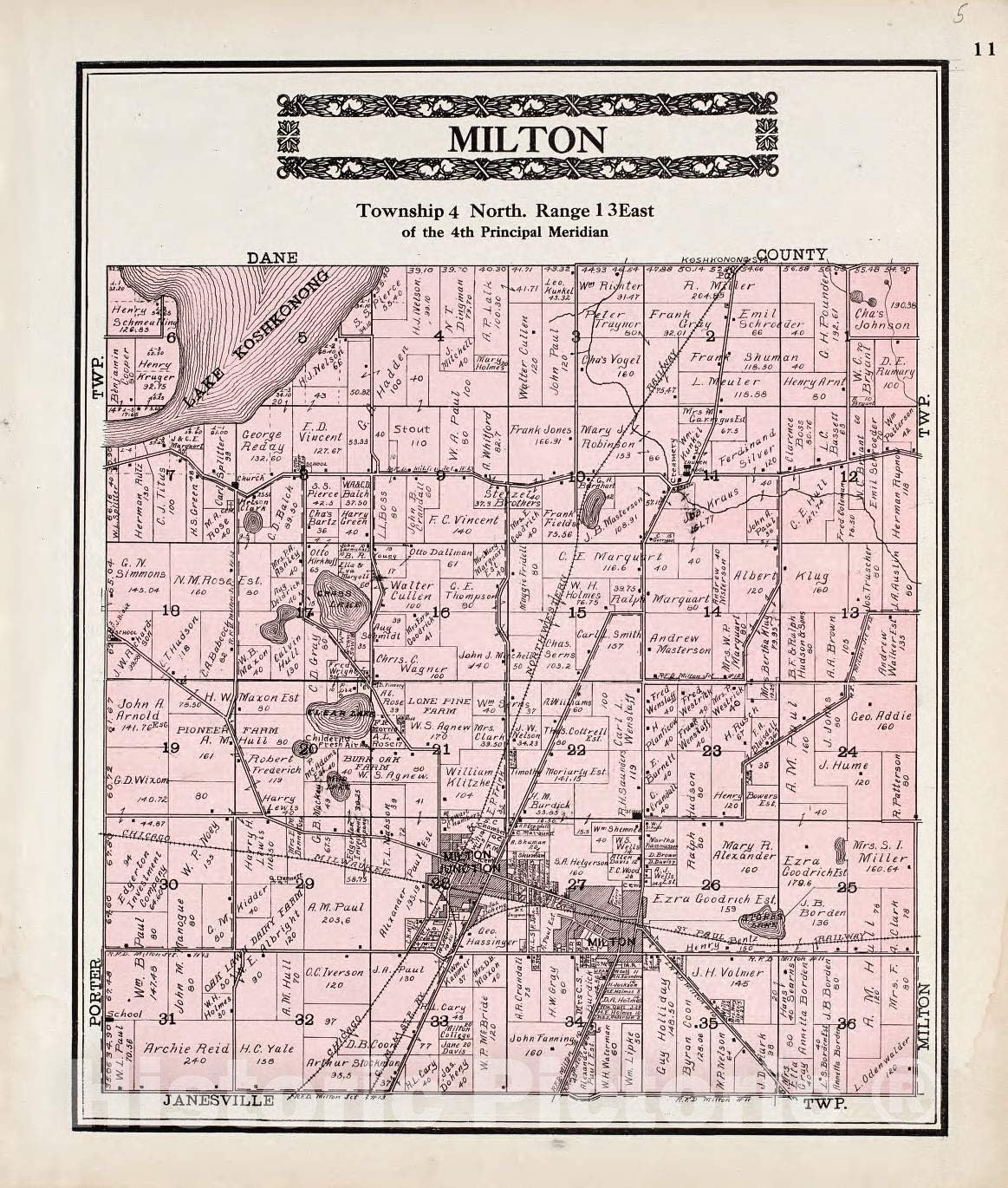 Historic 1917 Wall Map - Standard Atlas of Rock County, Wisconsin : Including a plat Book of The Villages, Cities and townships - Milton 44in x 52in