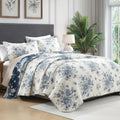 PANGUSHAN Quilt Set King Size - 100% Cotton King Comforter Set, Blue and White Farmhouse Bedspread with 2 Pillow Shams, Floral Reversible Lightweight Bedding, King Bed Spread for All Season, 3pcs