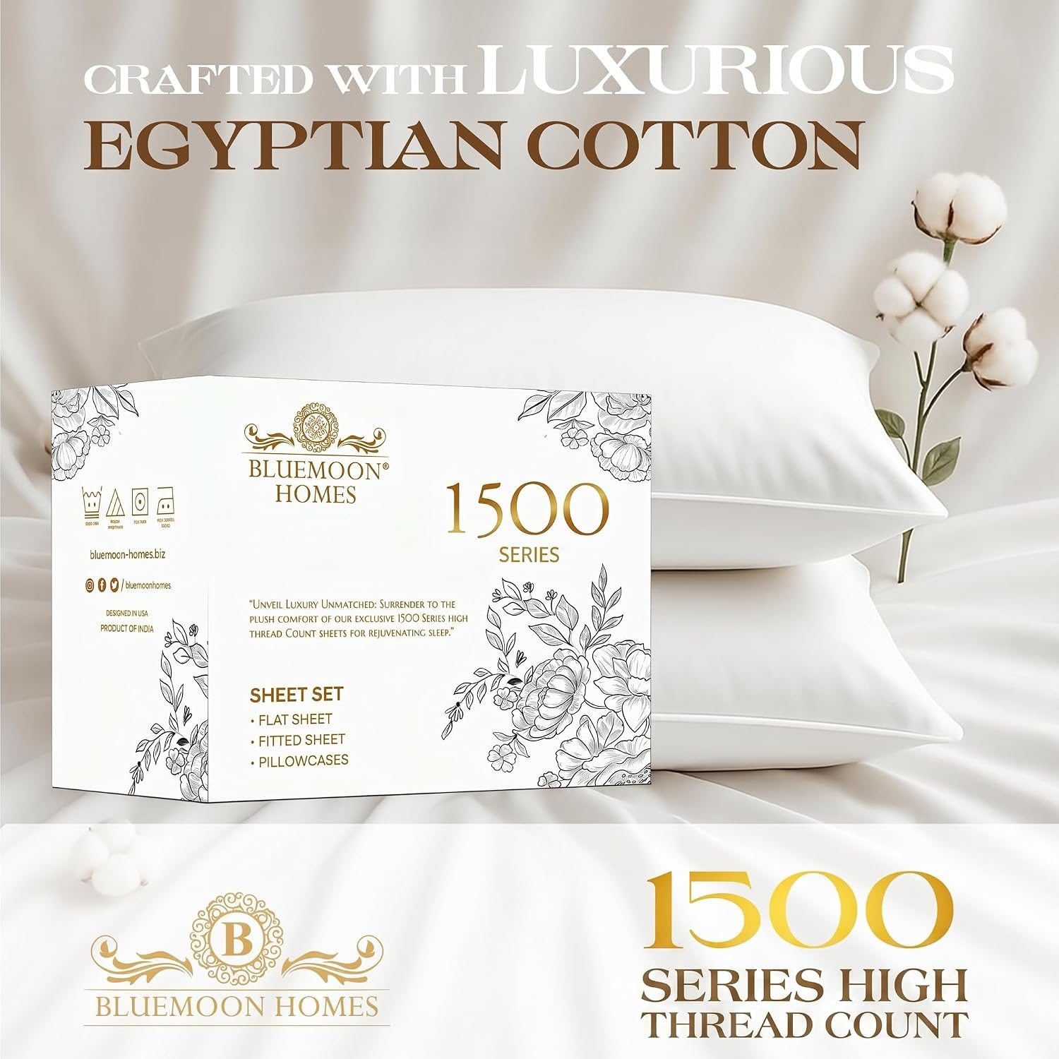 Bluemoon Homes California King Size Egyptian Cotton Sheets, 1500 Series, 4Pc Sheets Set, Smooth Sateen Weave California King Sheet, 16' Deep Pocket, Ultra Luxury Sheet Set - White