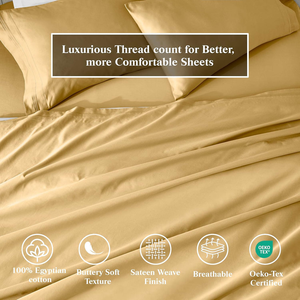 Superior Egyptian Cotton 4 Piece Sheet Set, 650 Thread Count, Modern Design, Sustainable Sheets, Ultra-Soft Basics, Solid, Deep Pocket Fitted Sheet, Flat Sheet, Pillowcases, King, Gold