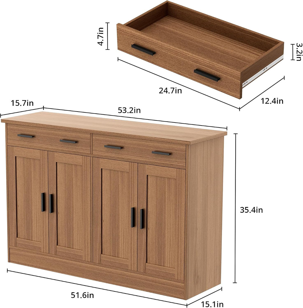 Anystyle 53' Rustic Brown Buffet Cabinet with Storage, Kitchen Sideboard Buffet Server with 2 Drawers & 4 Doors, Modern Coffee Bar Cabinet Credenza for Dining Room, Living Room, Hallway