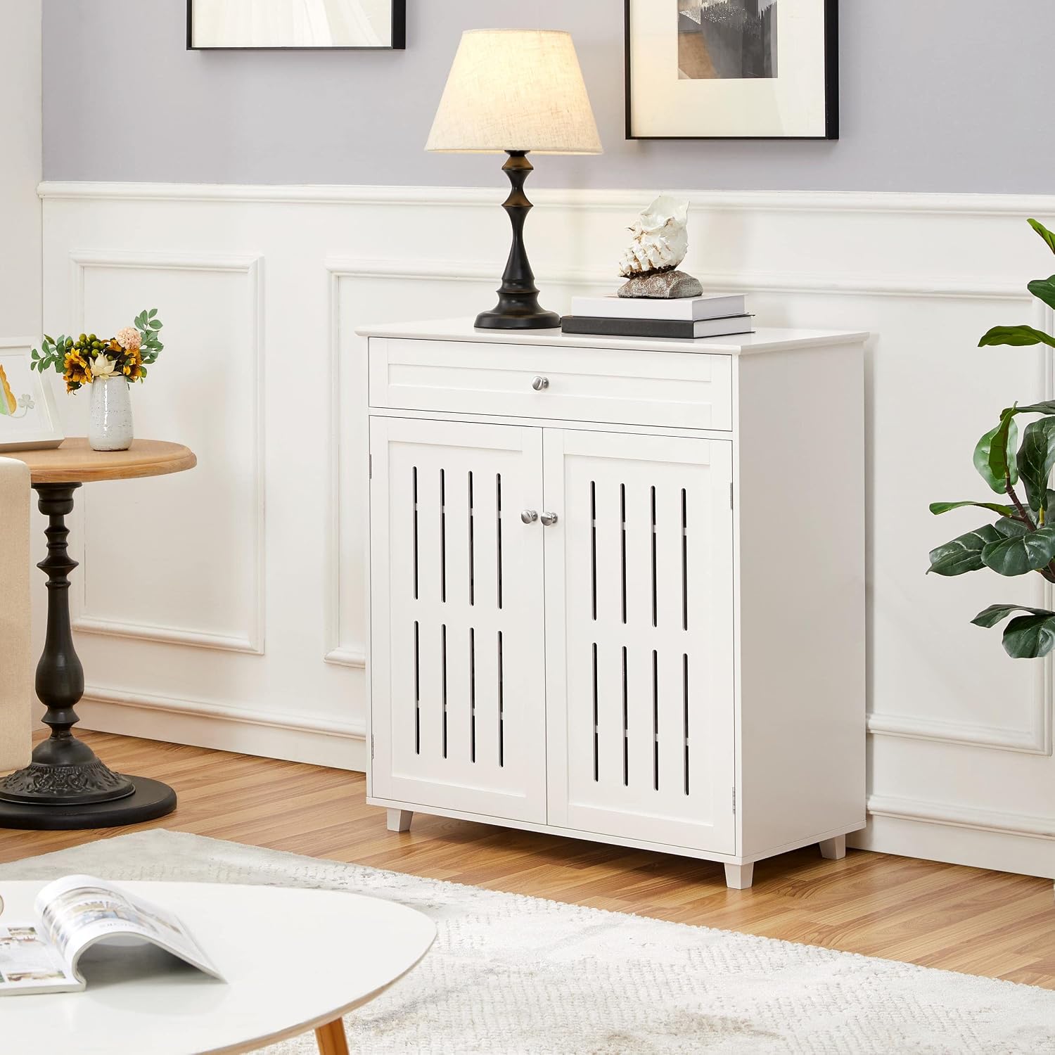 Topeakmart Wood Shoe Cabinet, Shoe Rack with 1 Big Drawer & 4 Storage Shelves, Shoe Storage Cabinet with 2 Louvered Door, for Entryway Living Room, White