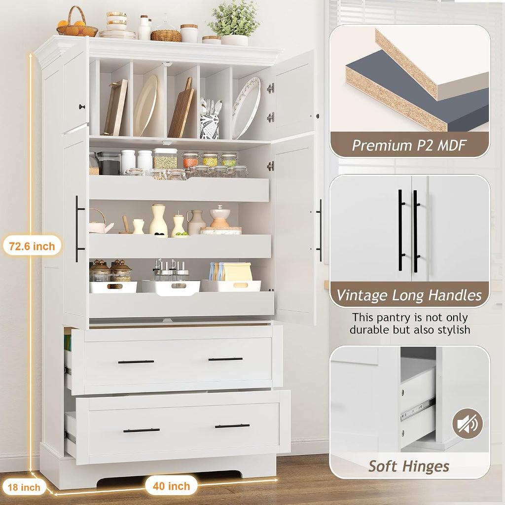 Freestanding Kitchen Pantry Storage Cabinet, 72.6''H Tall Wooden Kitchen Organizers with 2 Doors, Pull-Out Trays, 2 Drawers and Cake Pan Storage for Dining Room Living Room (White-1.12)