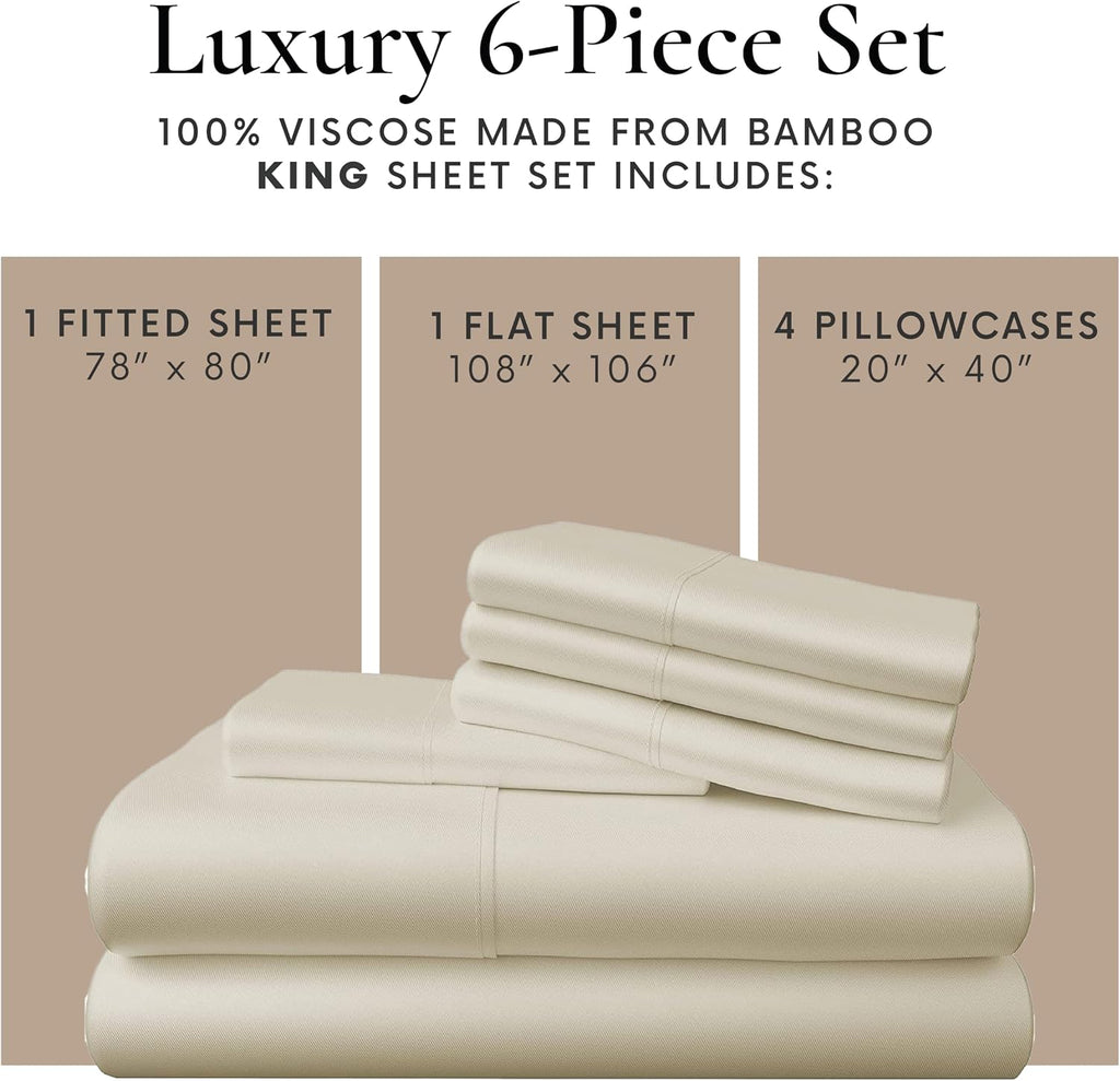 Bamboo Bay 6 Piece King Size Sheet Set, 100% Viscose Made from Bamboo, Breathable, Ultra Soft Cooling Bed Sheets for Hot Sleepers, Beddings with Deep Pockets Fit 16' Mattress, Ivory
