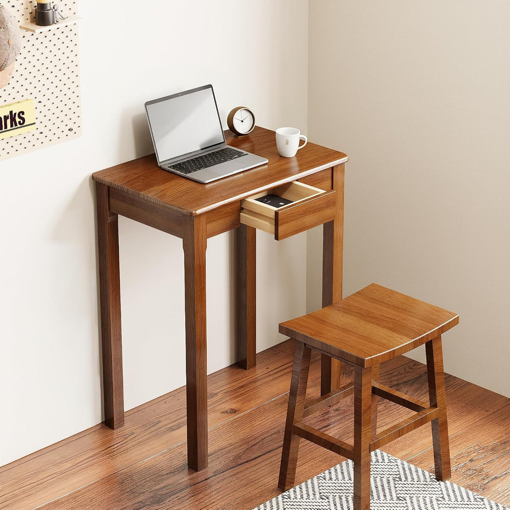 Solid Wood Desk with Drawers - 23.6' Narrow Desks for Small Spaces, Mid Century Modern Desks, Small Wooden Vintage Computer Writing Desk, Study Table for Home Office Bedroom, Walnut