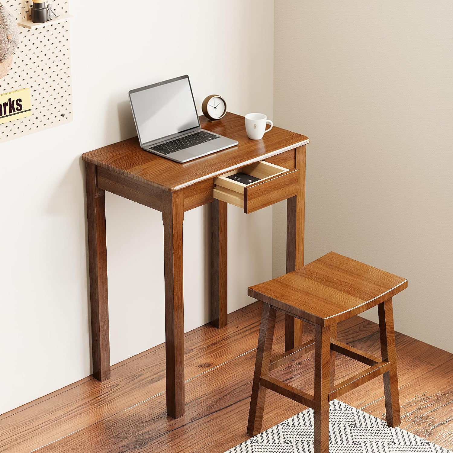 Solid Wood Desk with Drawers - 23.6' Narrow Desks for Small Spaces, Mid Century Modern Desks, Small Wooden Vintage Computer Writing Desk, Study Table for Home Office Bedroom, Walnut