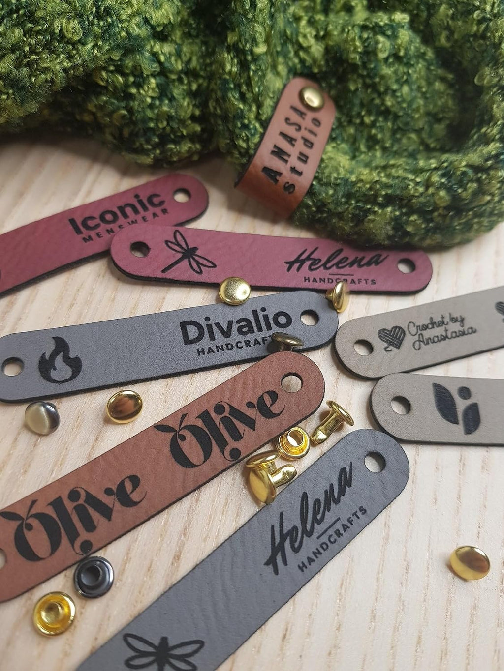 Customized 2.5 x 0.5 in Faux Leather Product Tags with Rivets Personalized Tags for Knitting and Crochet, Cute Labels Handmade Perfect for Hats Beanies Scarves & More (250 Labels)
