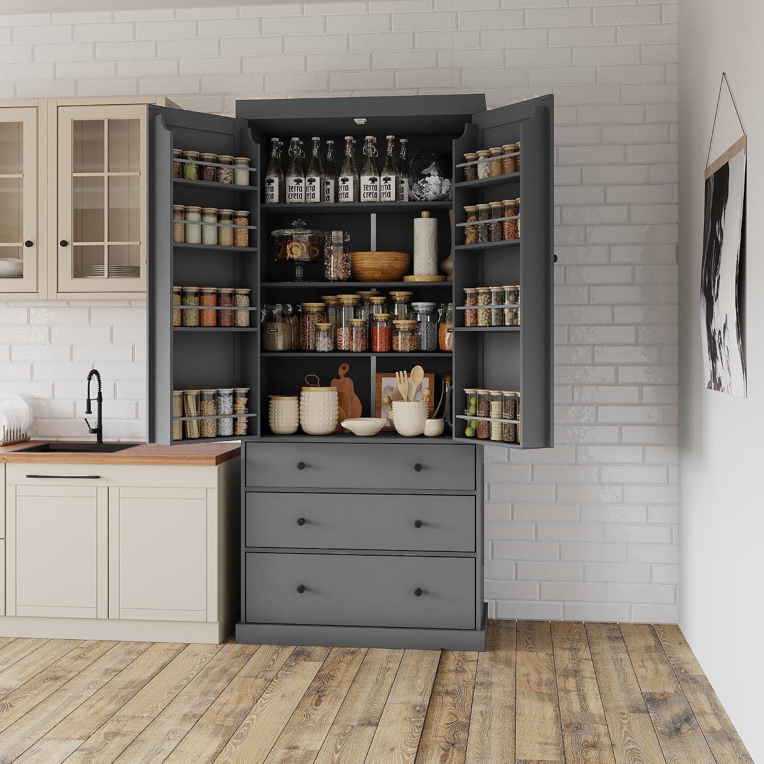 77inch Farmhouse Kitchen Pantry, Wood Storage Cabinet with 3 Adjustable Shelves, Freestanding Tall Cupboard Storage Cabinet with 8 Door Shelves and 3 Drawers for Kitchen, Dining Room (Gray-1)