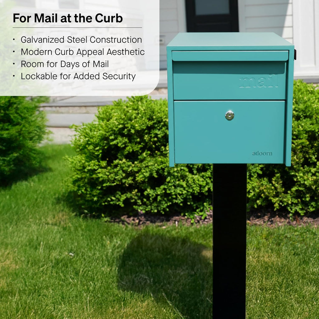 Adoorn Lockable Post Mount Mailboxes for Outside - Small Anti-Theft Locking Mailbox for Packages and Letters - Weatherproof Construction - Durable Steel - 12' H x 12' W x 18.5' D - Aegean Sea