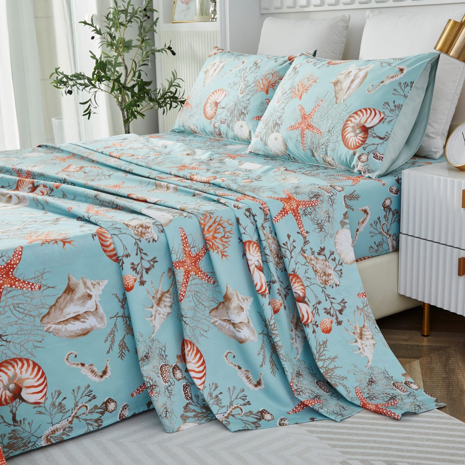 Brandream Luxury Nautical Bedding Queen Size Sheets Set Egyptian Cotton Coastal Beach Bed Sheet Set Deep Pockets 18 Inch 4-Piece Bed Sheets
