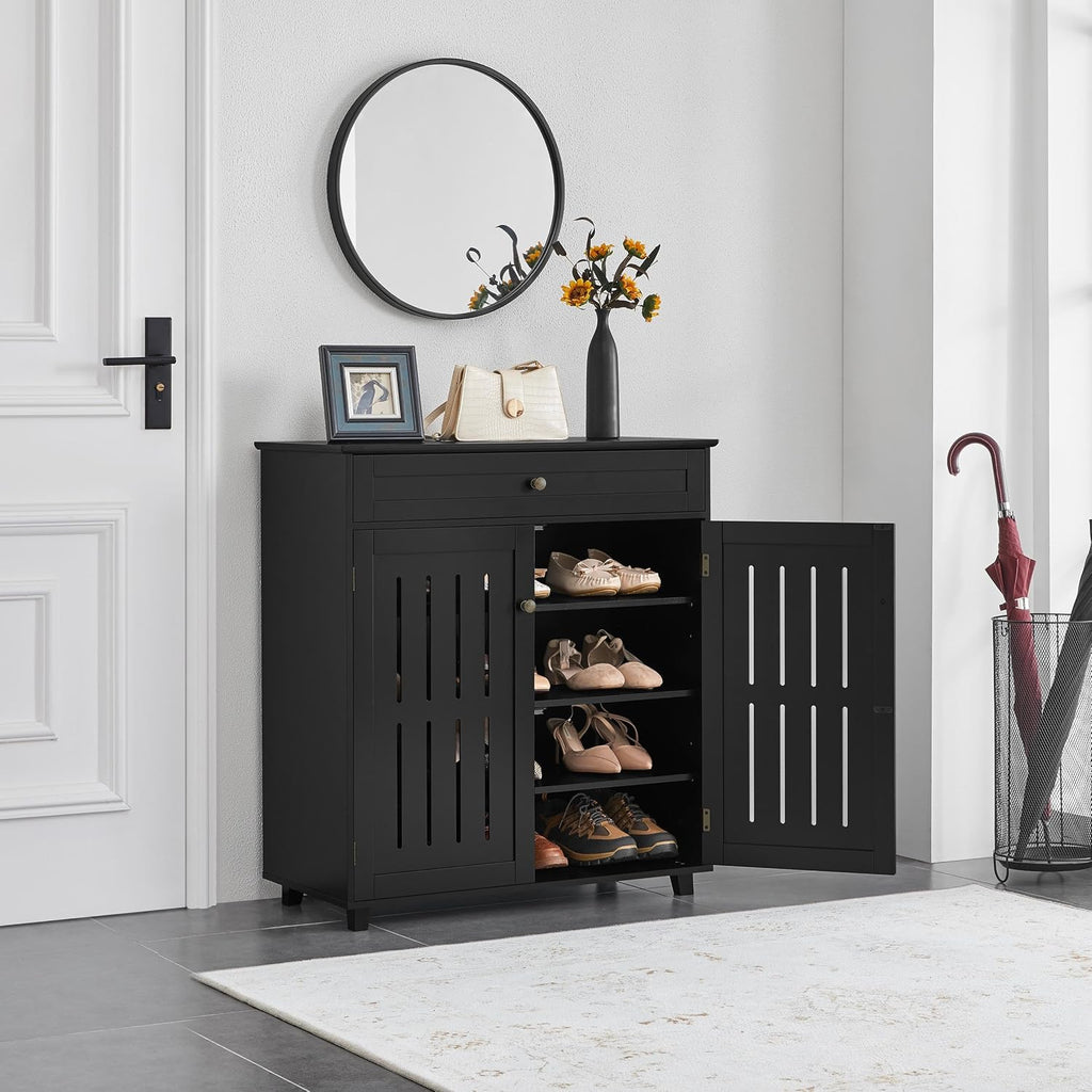 Topeakmart Shoe Cabinet with Doors, 4-Tier Entryway Shoe Storage Cabinet with Adjustable Shelves, Wooden Shoe Rack Organizer for Hallway, Closet, Black