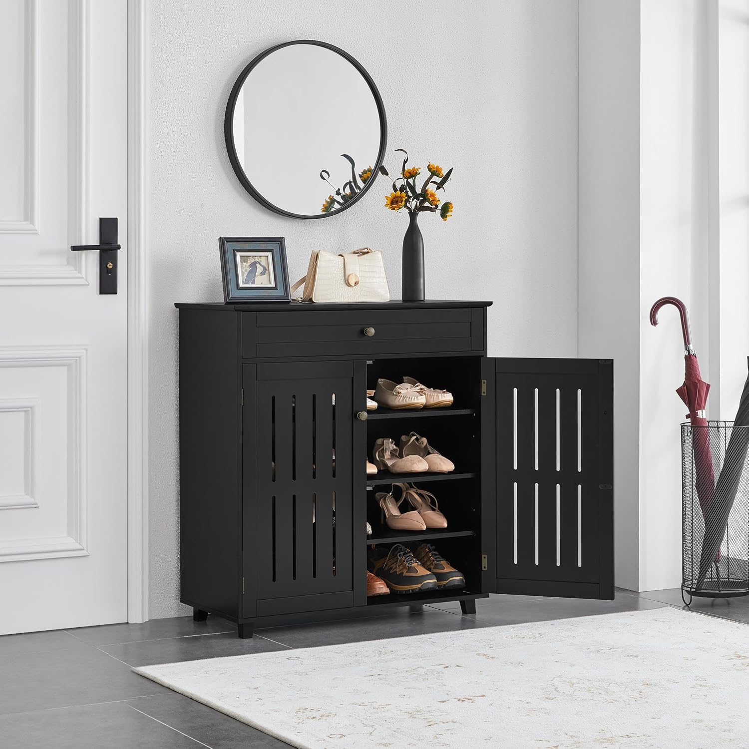 Topeakmart Shoe Cabinet with Doors, 4-Tier Entryway Shoe Storage Cabinet with Adjustable Shelves, Wooden Shoe Rack Organizer for Hallway, Closet, Black