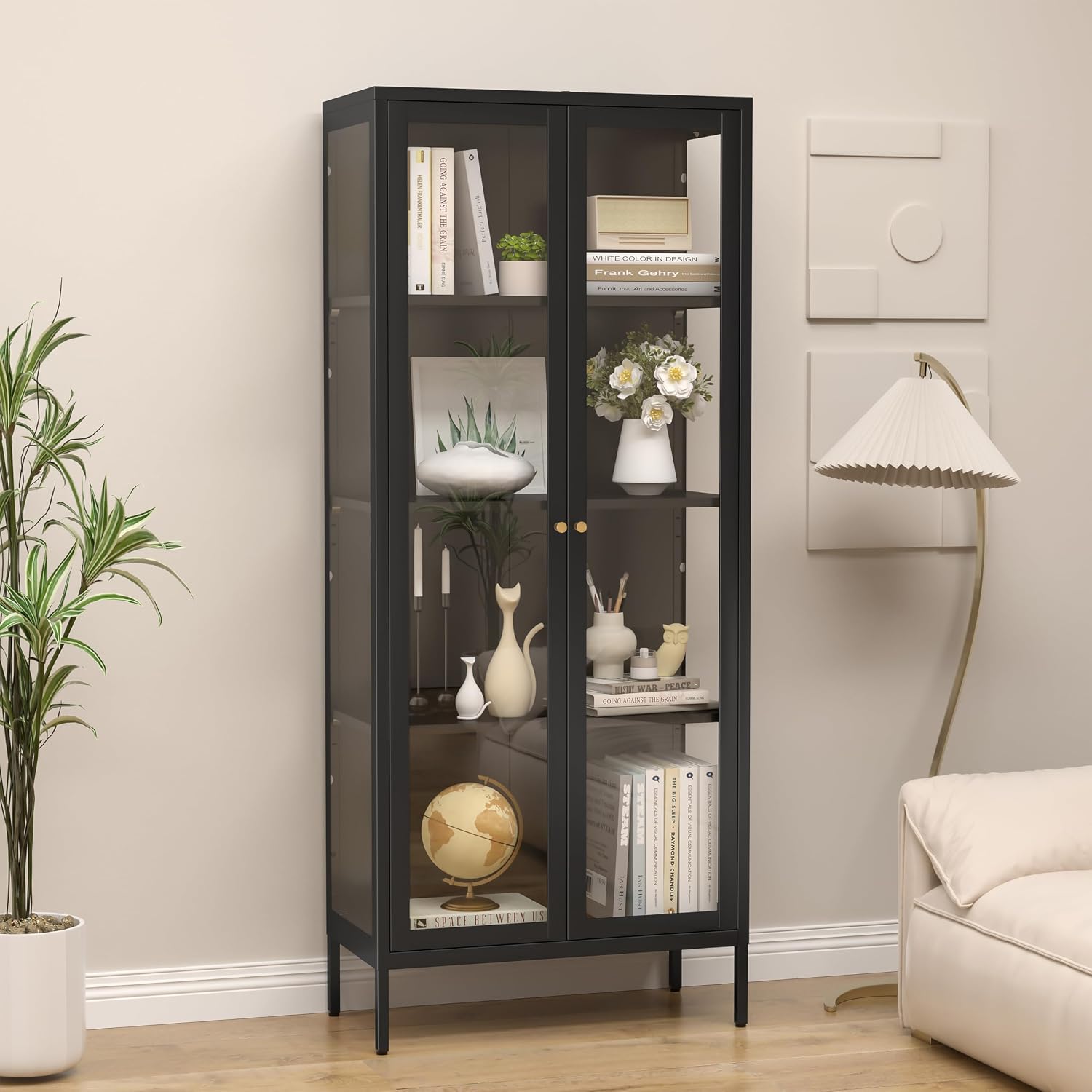 SteeLoong 66' Display Cabinet with Tempered Glass,Metal Curio Cabinet with Glass Doors,4-Tier Display Case for Collectibles,Trophy,Plant,Black Storage Cabinets for Living Room - Assemble Required