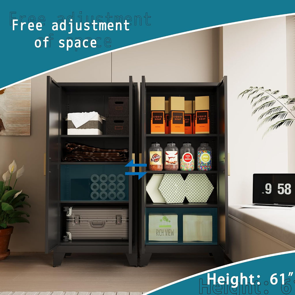 61' Tall Farmhouse Metal Pantry Cabinet, Kitchen Pantry Storage Cabinets with 2 Barn Door and Adjustable Shelves,Metal Pantry Storage Cabinet,for Kitchen,Laundry Room,Home Office,Kids Room (Black)