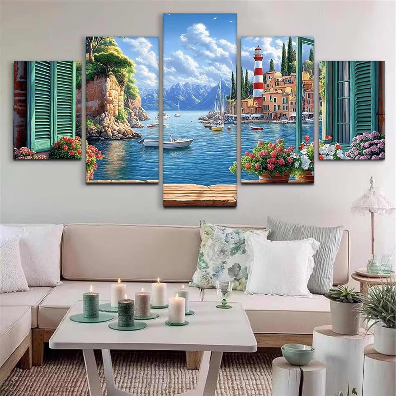 Landscape Diamond Art 5 Piece Diamond Painting Lighthouse 5D Full Square Drill Dimond Art Paintings Crystal Crafts for Adults Gem Painting for Home Decor, Large Artwork for Wall 44 x 90 Inch, Model126