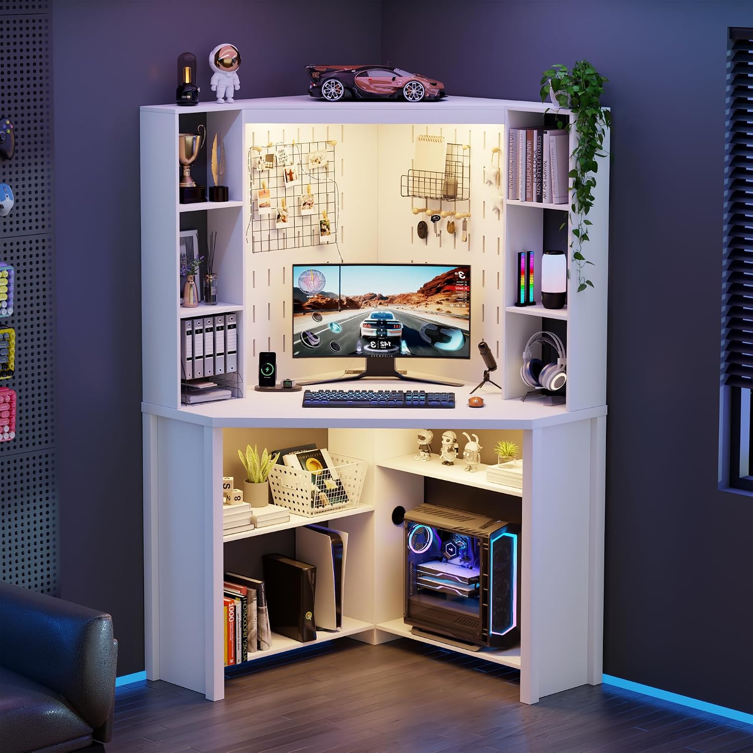 Corner Desk with - LED Reading Light, L-Shaped Computer Desk w/Hutch & Shelves, Home Office Desk w/Charging Station for Work & Study, File Cabinet Storage Bookshelf for Small Space (White)