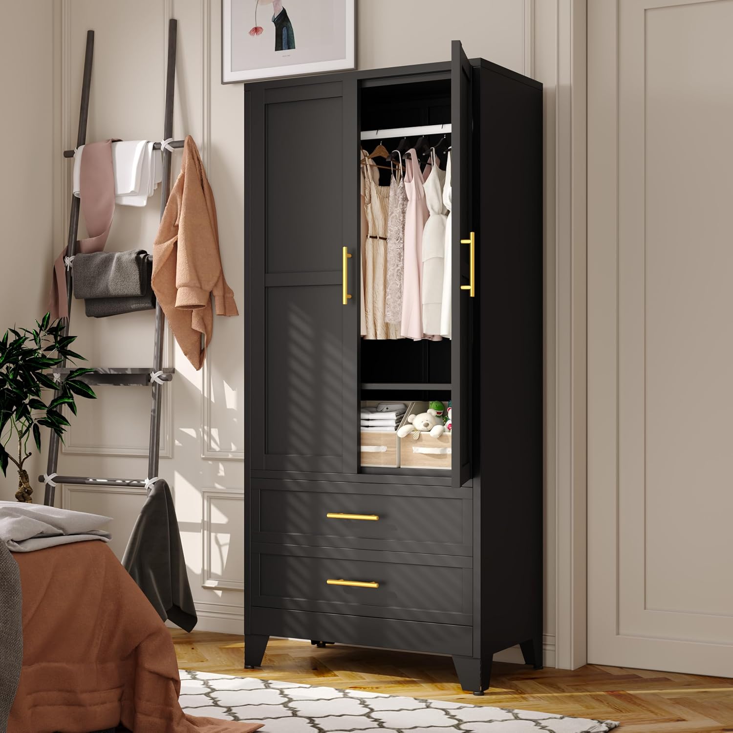 Metal Armoire Wardrobe Closet Storage Cabinet with Hanging Rod,71'' Metal Wardrobe Cabinet with 2 Drawers and Adjustable Shelf,2 Doors for Bedroom, Laundry Room, Cloak Room