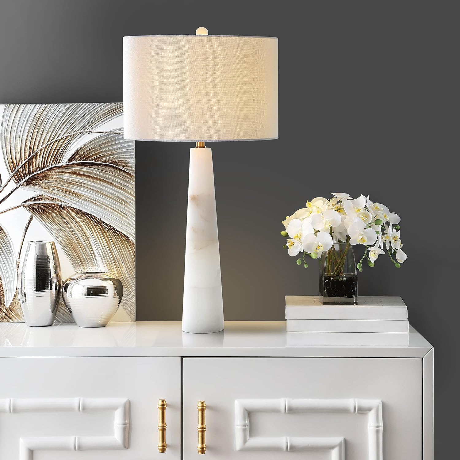SAFAVIEH Lighting Collection Delilah Alabaster White 30-inch Bedroom Living Room Home Office Desk Nightstand Table Lamp (LED Bulb Included)