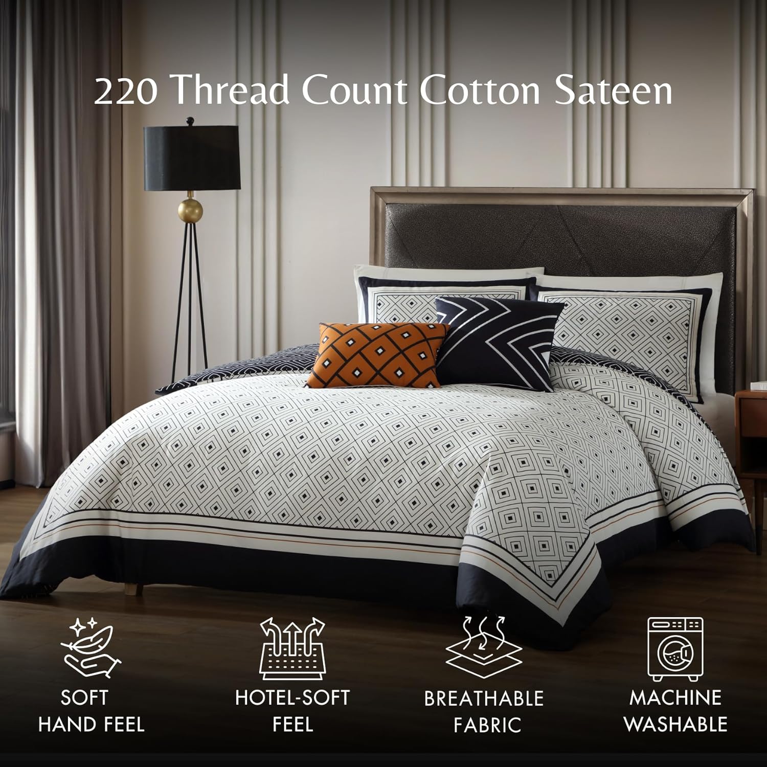 Bebejan Luxury Queen Comforter Set Black & White Geometric - 5 Piece Reversible Bedding Set, 100% Cotton Sateen, Soft Breathable All Season Bed Comforter (1 Comforter, 2 Shams & 2 Pillows)