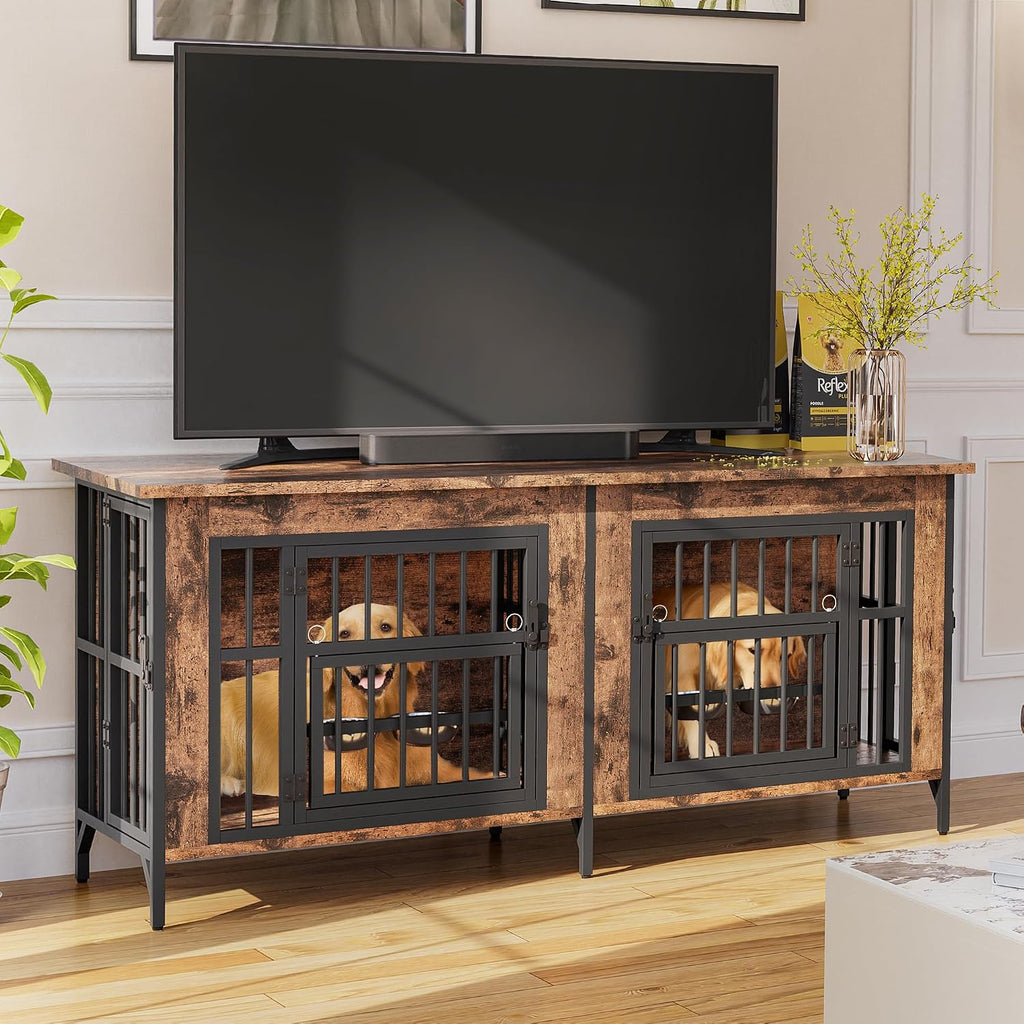 Grepatio 63' Double Dog Crate Furniture for 2 Dogs, Large Dog Kennel with 360° Rotating Feeder Bowls, Indoor Double Dogs Crates with 4 Doors, Wooden Crate TV Stand with Removable Divider