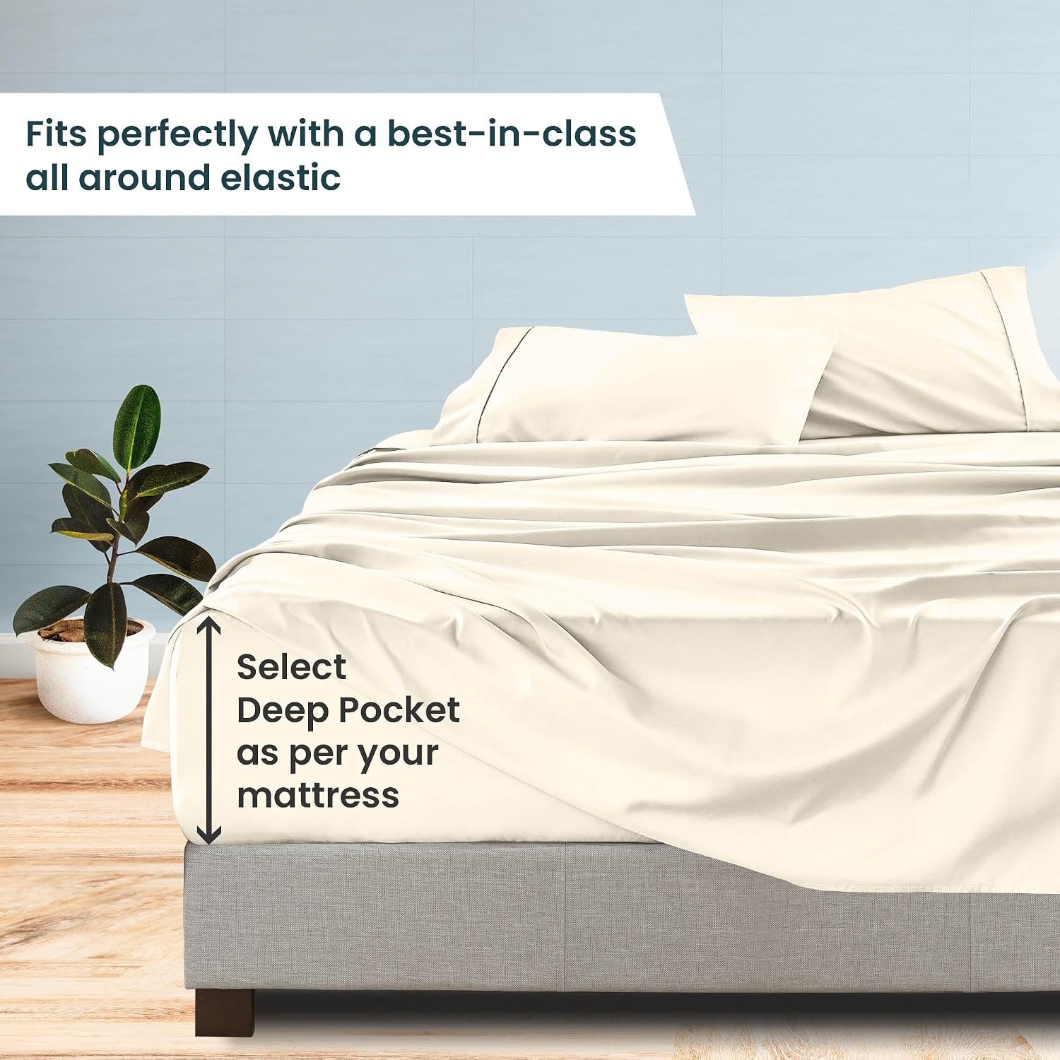 1000 Series- Extra Long Staple 100% Egyptian Cotton Sheet Set,Sateen Weave, Hotel Quality Soft Luxury Bedding, Queen Size 4 Piece Sheet Set Fit 15' Inch to 18' Deep Ivory Solid.