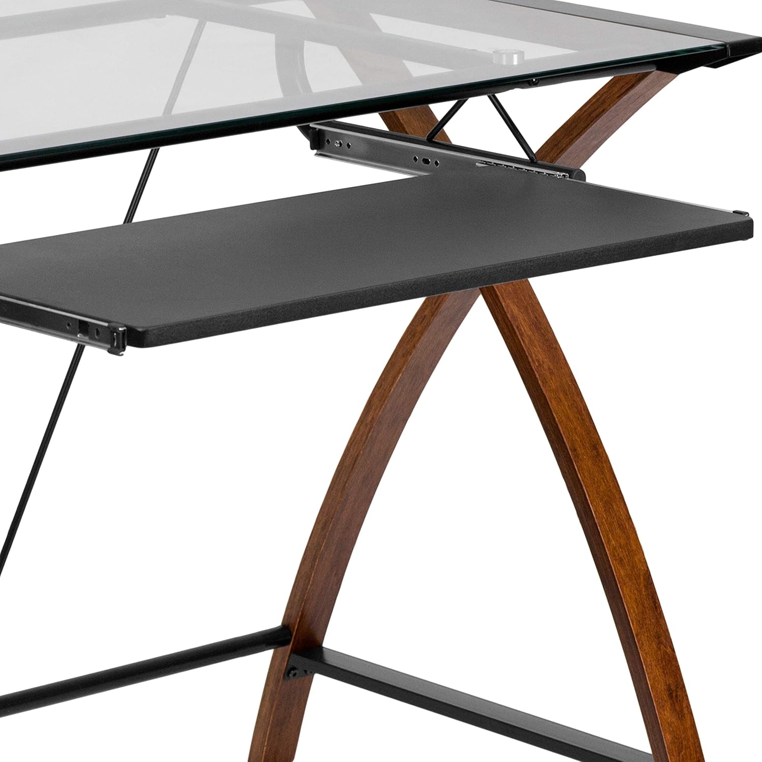 Flash Furniture Jude Tempered Glass Computer Desk with Pull-Out Keyboard Tray and Crisscross Frame, Small Computer Desk for Home Office, Cherry/Clear