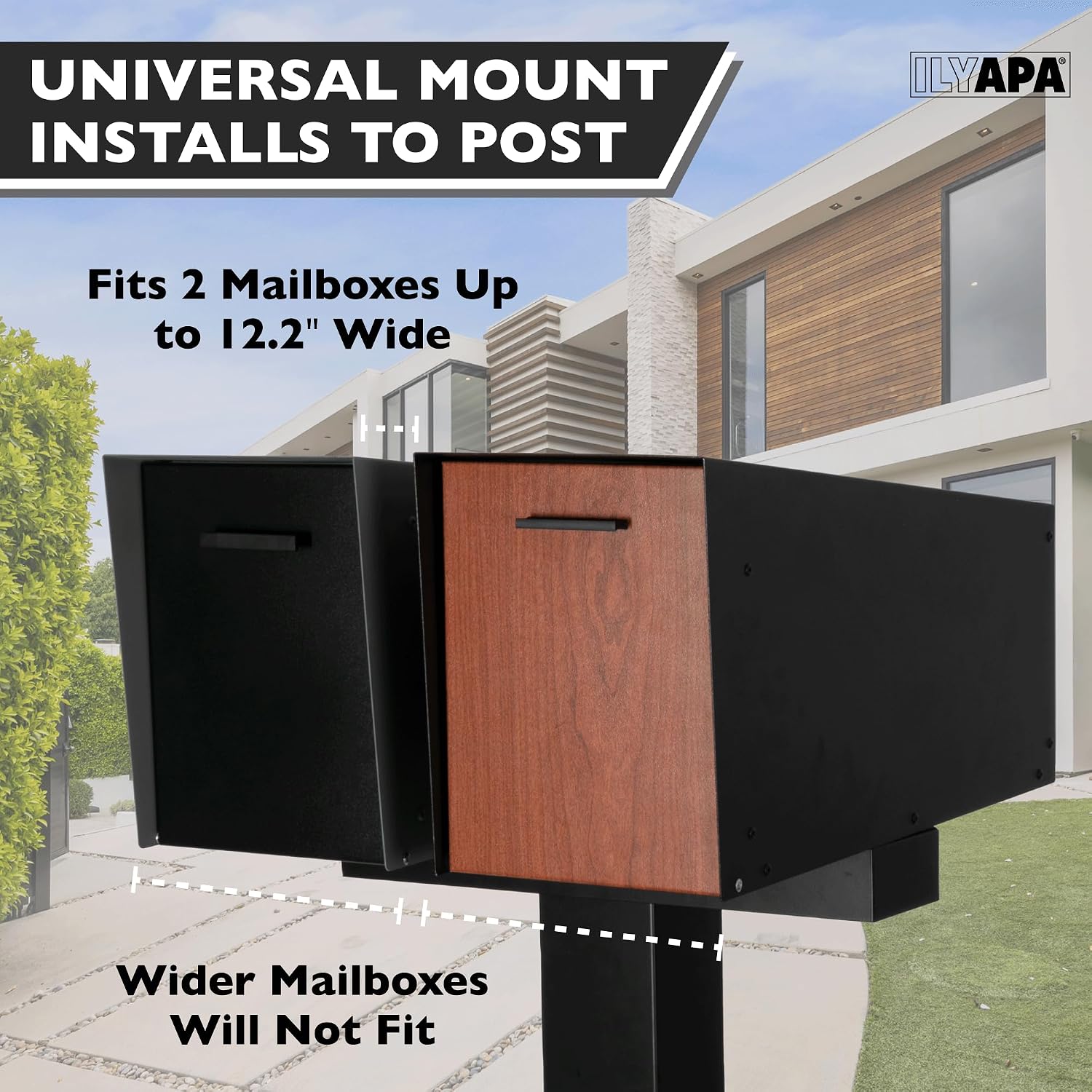 Ilyapa Double Mailbox Post for Outside - 43x4x4 inch Black Metal Dual Mailboxes Post for Outside with Universal Mounting Bracket Plate