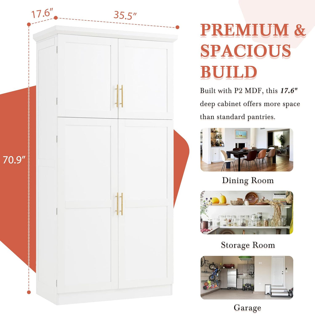 Merax 71' Tall Kitchen Pantry Cabinet with 4 Doors, 2 Door Shelves, 8 Pull-Out Trays and Adjustable Shelf, Freestanding Buffet Cabinet,White (35.5x17.6x70.9inch)