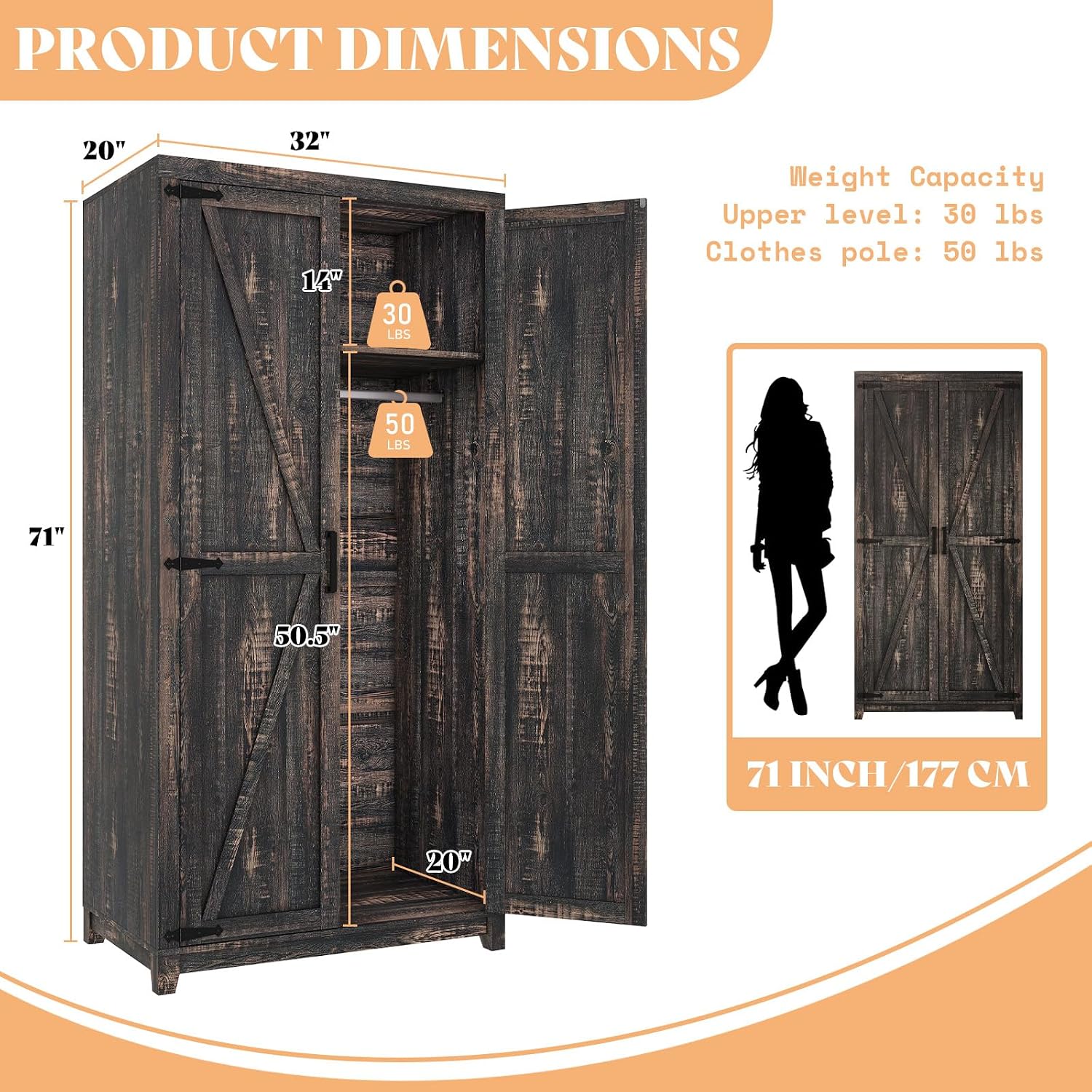 LUXOAK 70' Large Armoire Wardrobe Closet with Hanging Rod, Farmhouse Clothing Storage Cabinet with 2 Barn Doors, Wooden Tall Bedroom Armoires with Shelf, Dark Oak Wood