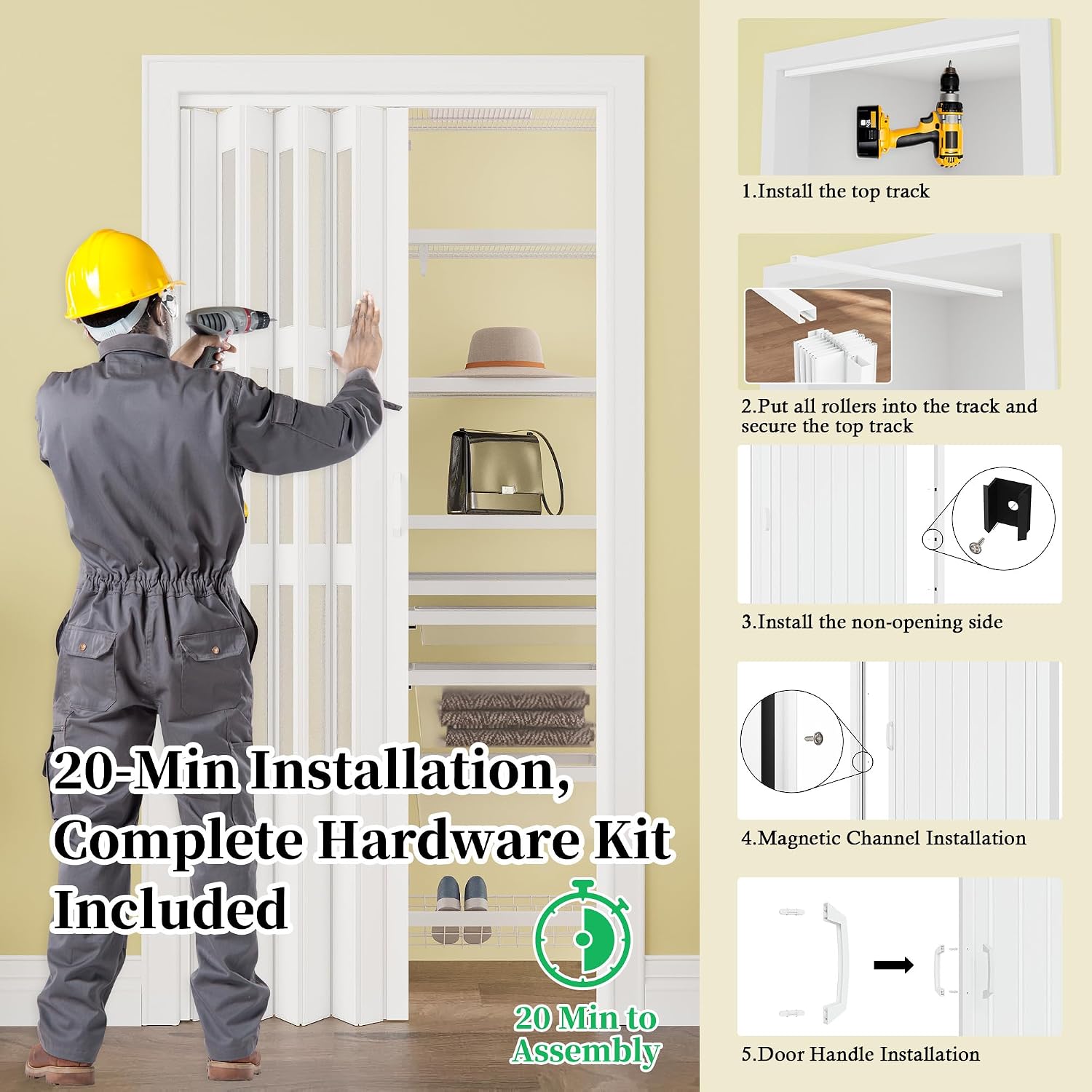 WINSTELLAR 72' x 80' Enhanced Accordion Doors with 3 Frosted Acrylic Panel, Bifold Closet Door Hardware Kit Included, PVC Interior Folding Doors with 4 Handles for Closet Bathroom Doorways