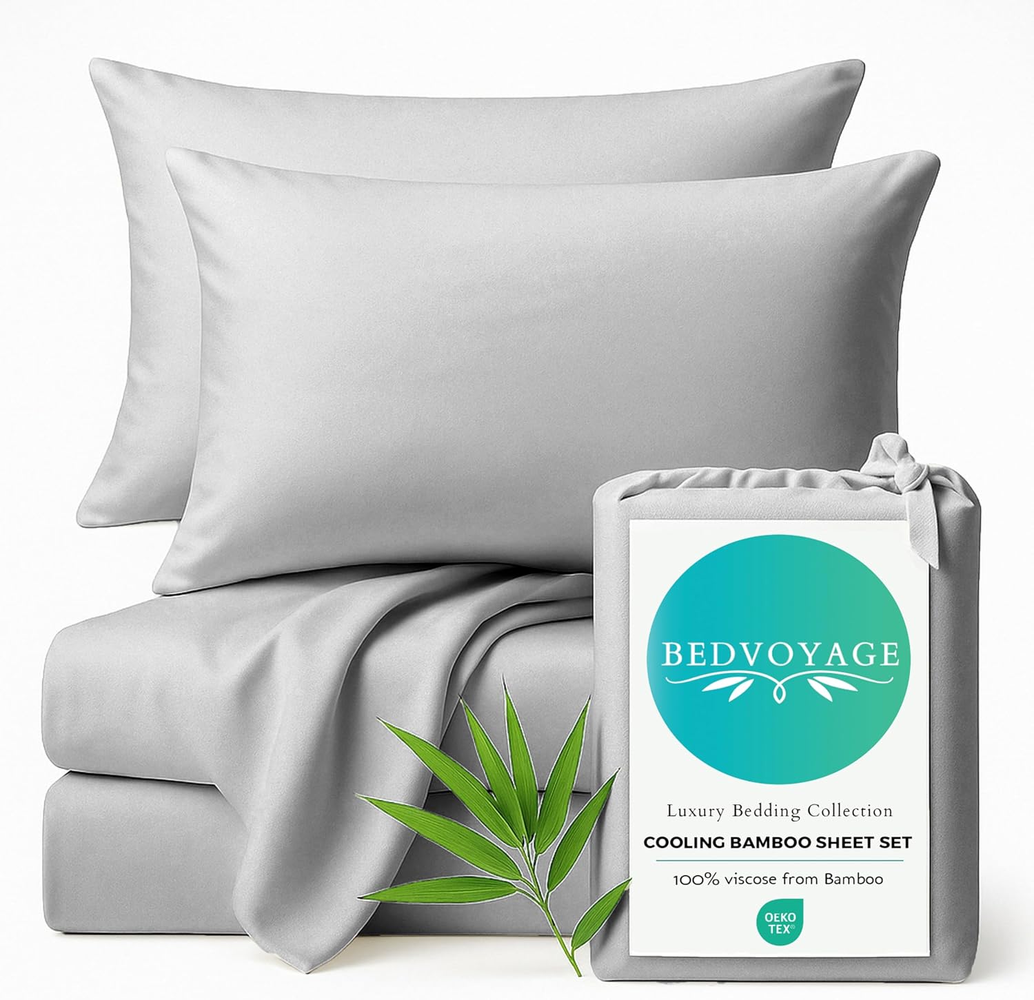 BedVoyage Cooling Sheets Queen – Viscose from Bamboo, Sheet Set for Hot Sleepers, 18' Deep Pocket, Soft Breathable Bedding, Stone